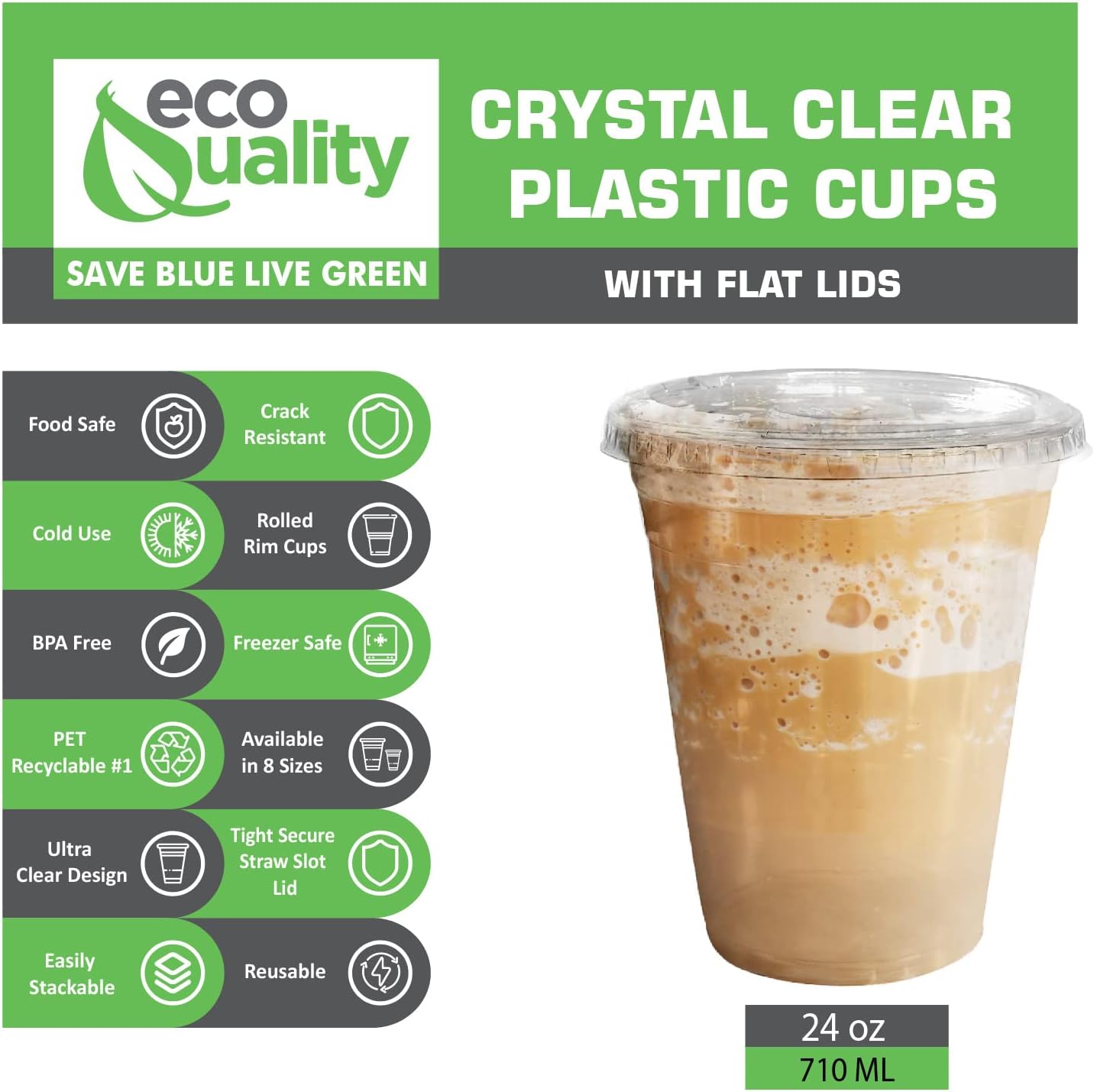 EcoQuality Iced Coffee Go Cups and Lids | Cold Smoothie | Plastic Cups with Lids | 24 oz Cups, 600 Pack | Clear Plastic Disposable Pet Cups | Ideal for Coffee, Parfait, Juice, Soda, Cocktail, Party