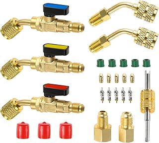 SURIEEN Air Conditioner Refrigerant Angled Ball Valve for R410A R134A R12 R22 AC HVAC with R410A Adapter, R134A Refrigerant Tank Adapter, Valve Core and Remover for Mini Split System