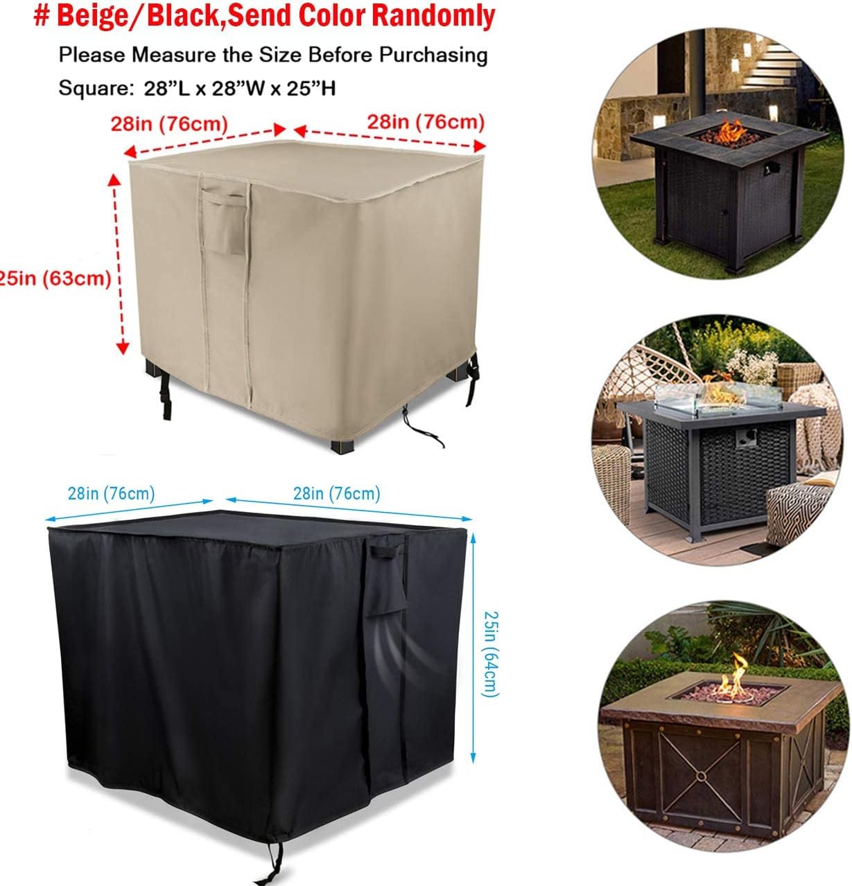 Aidetech Fire Pit Cover Square, 28Inch Gas Place Firepit Covers 600D Polyester Outdoor Waterpoof Fire Pit Table Cover-28x28x25（Beige）