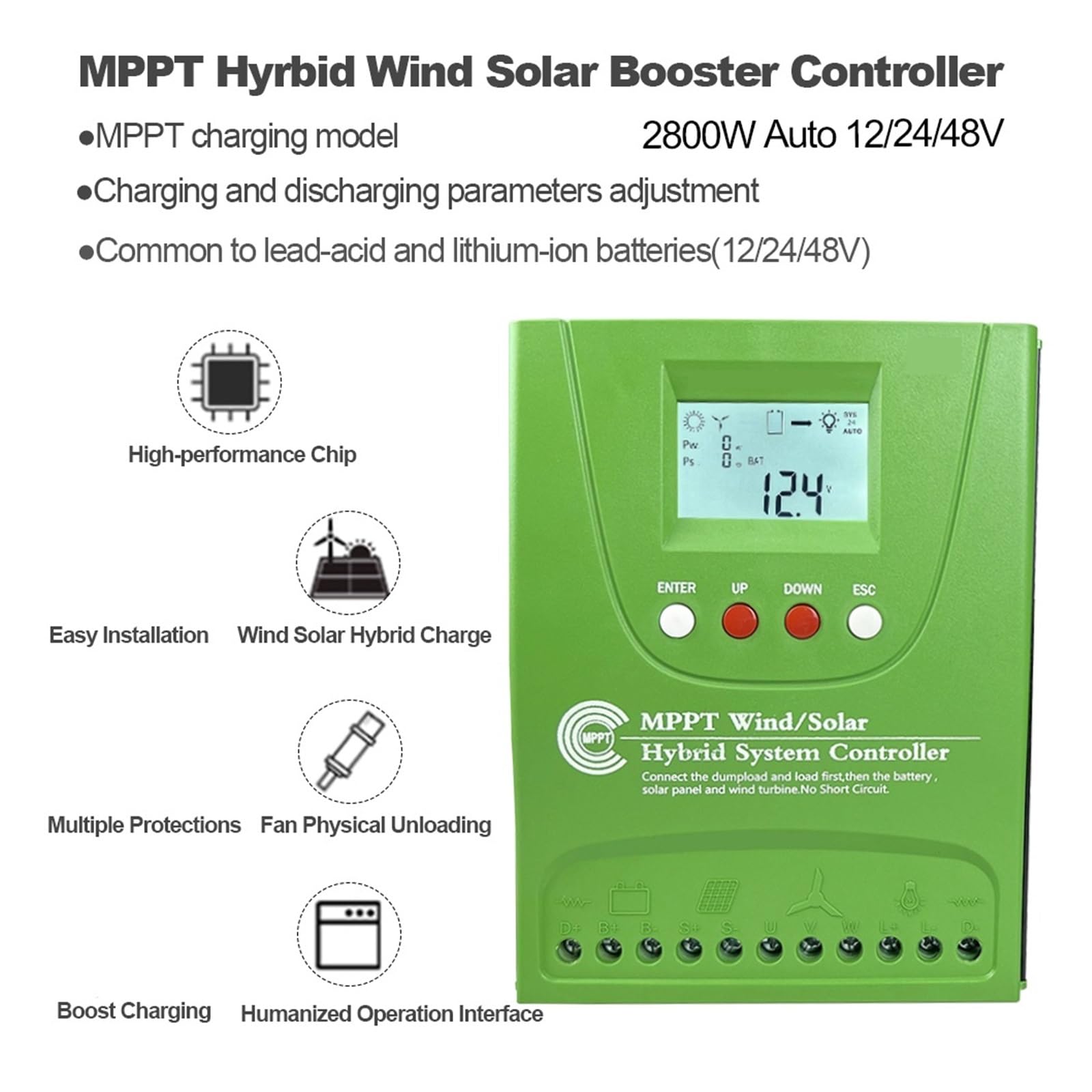 2800W MPPT Hybrydowy Wiatrowy Regulator Ładowania Słonecznego Generator Z Turbiną Wiatrową Panel Słoneczny Kontroler Wspomagający Dla 12V 24V 48V Cała Bateria(Wind600W Solar600W,Auto12V 24V)