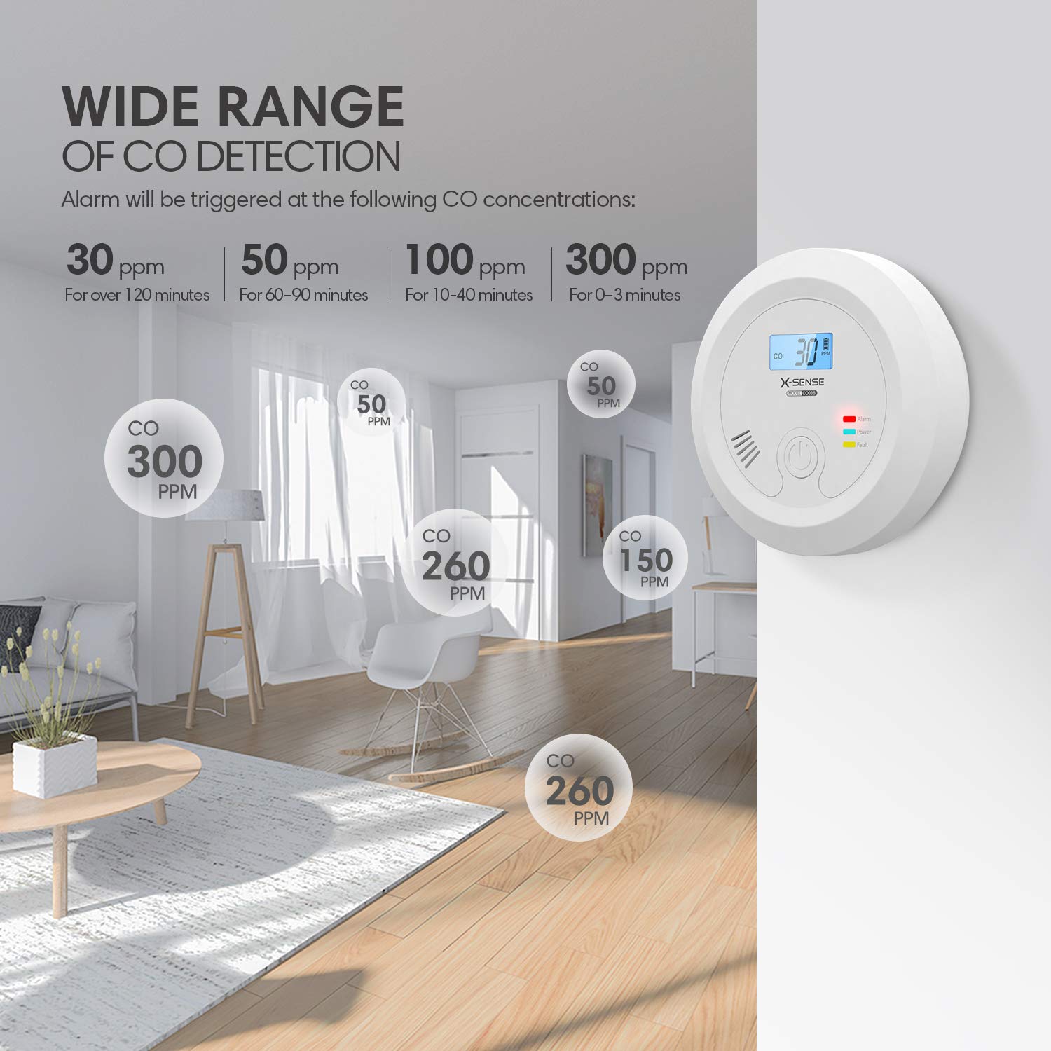 X-Sense Détecteur de Monoxyde de Carbone avec Batterie Échangeable et l'Écran LCD, Concentration de Monoxyde de Carbone avec Bouton de Test et Voyant d'état LED, CO03B