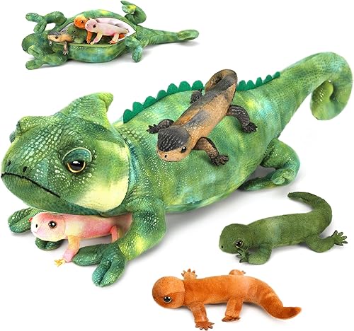 5 piezas de peluche de lagarto gigante, 27 pulgadas, madre iguana de peluche con 4 peluches de lagarto bebé, juguete de peluche de dragón barbudo