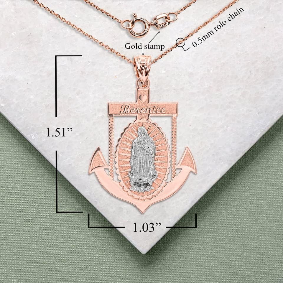 Personalized Name 14K Two-Tone Rose Gold 1-1/2" Our Lady of Guadalupe Miraculous Immaculate Conception Anchor Pendant Necklace - Choice of Pendant Only or Chain Length
