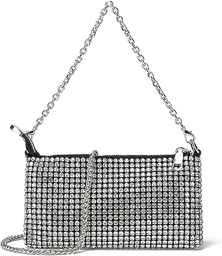 Silver Clutch Women Rhinestone Evening Bag Wedding Crystal Bride Engagement Purse Fold Over Chain Crossbody Shoulder Bag