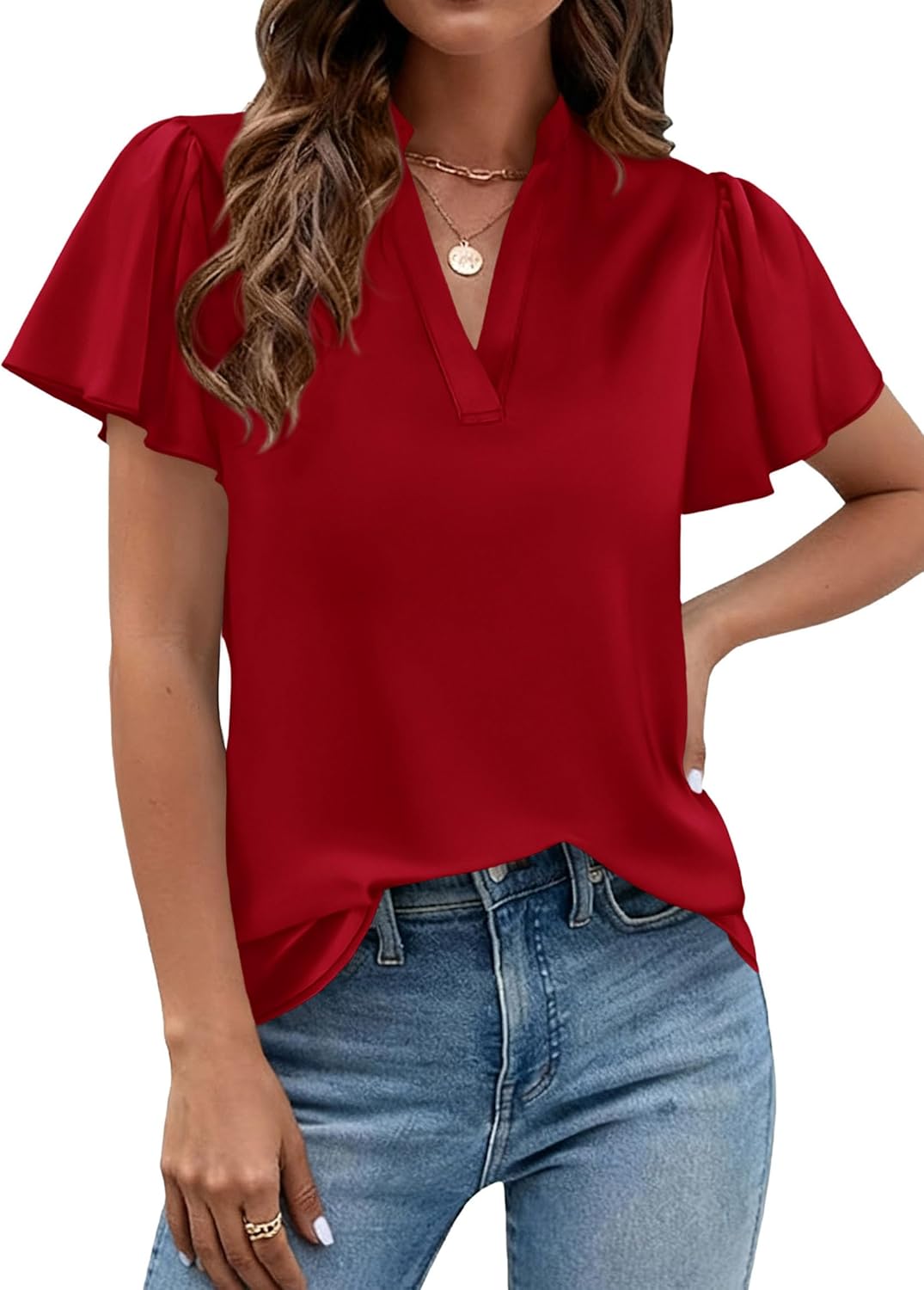 PRETTYGARDEN Women's 2026 Summer Satin Blouses Dressy Casual Ruffle Cap Sleeve V Neck Business Work Cute Tops Spring Outfits - Image 7