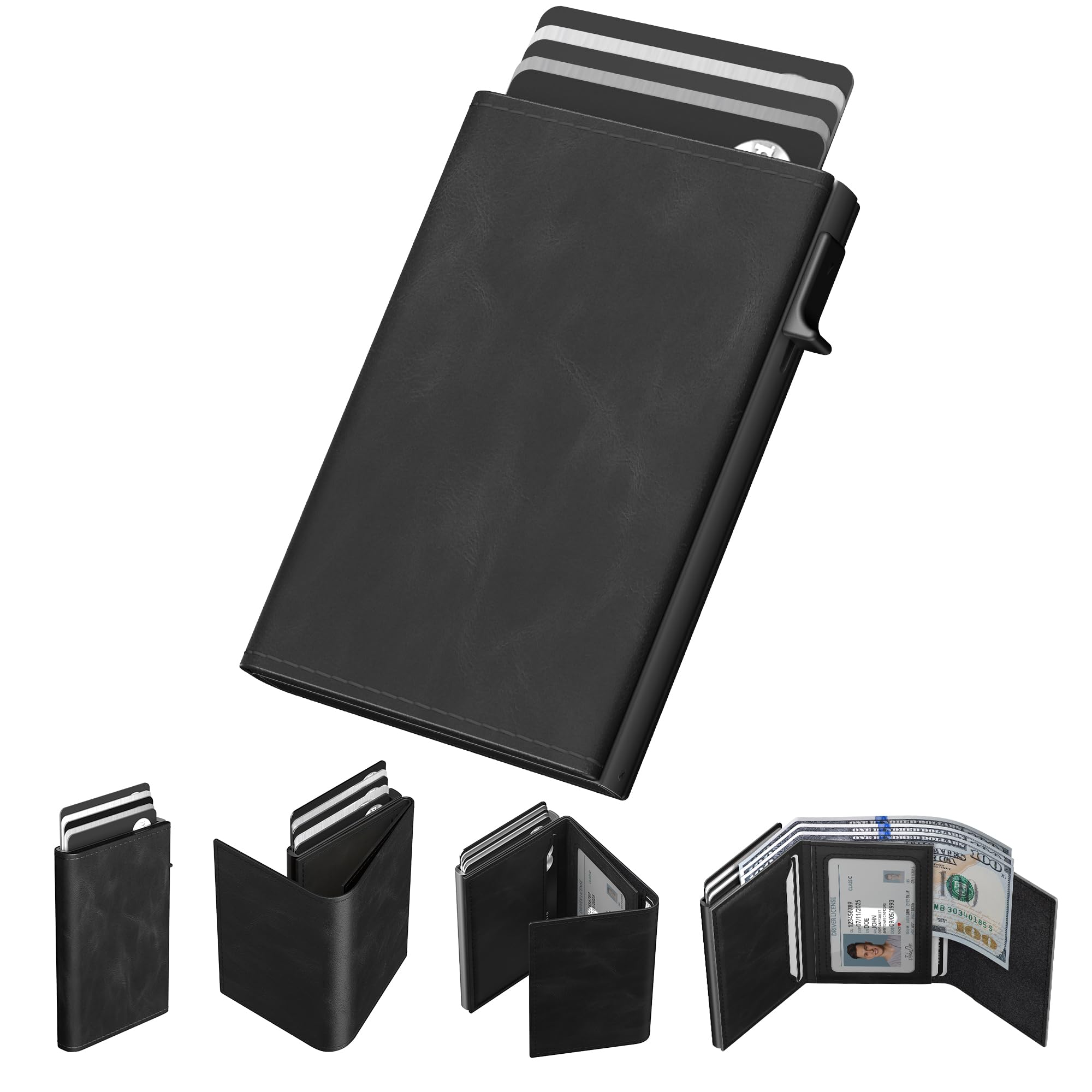 typecase Mens Wallet Card Holder: Pop Up Aluminum Case, Premium Genuine Leather, Smart, RFID Blocking, Slim, Minimalist, Front Pocket - 9-14 Card Capacity | ID Window | Cash Slot (Black)