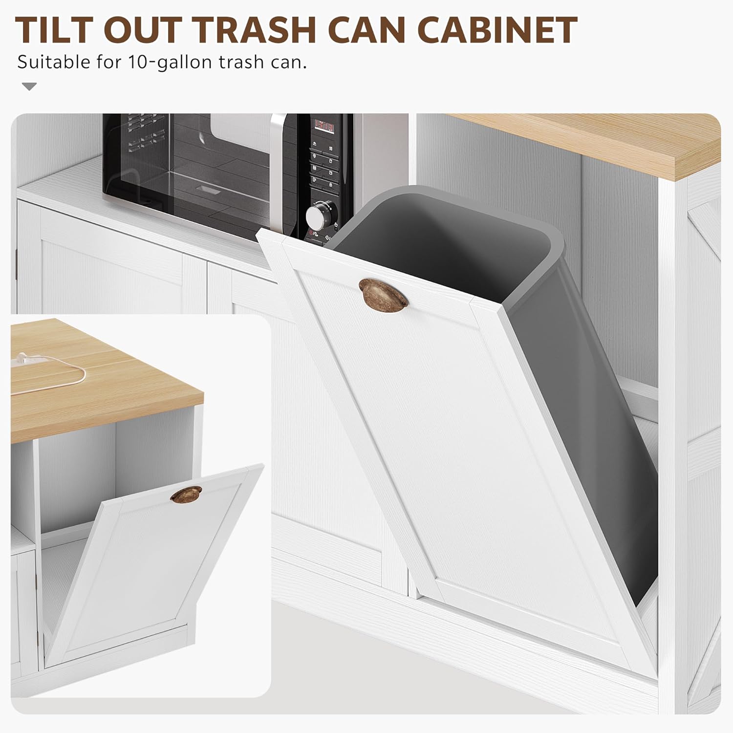 Kitchen Island with Storage, 63" W Large Island Table with Trash Can, Farmhouse Kitchen Islands with Power Outlet/LED, Rolling Cart with Spice Rack for Dining Room, White