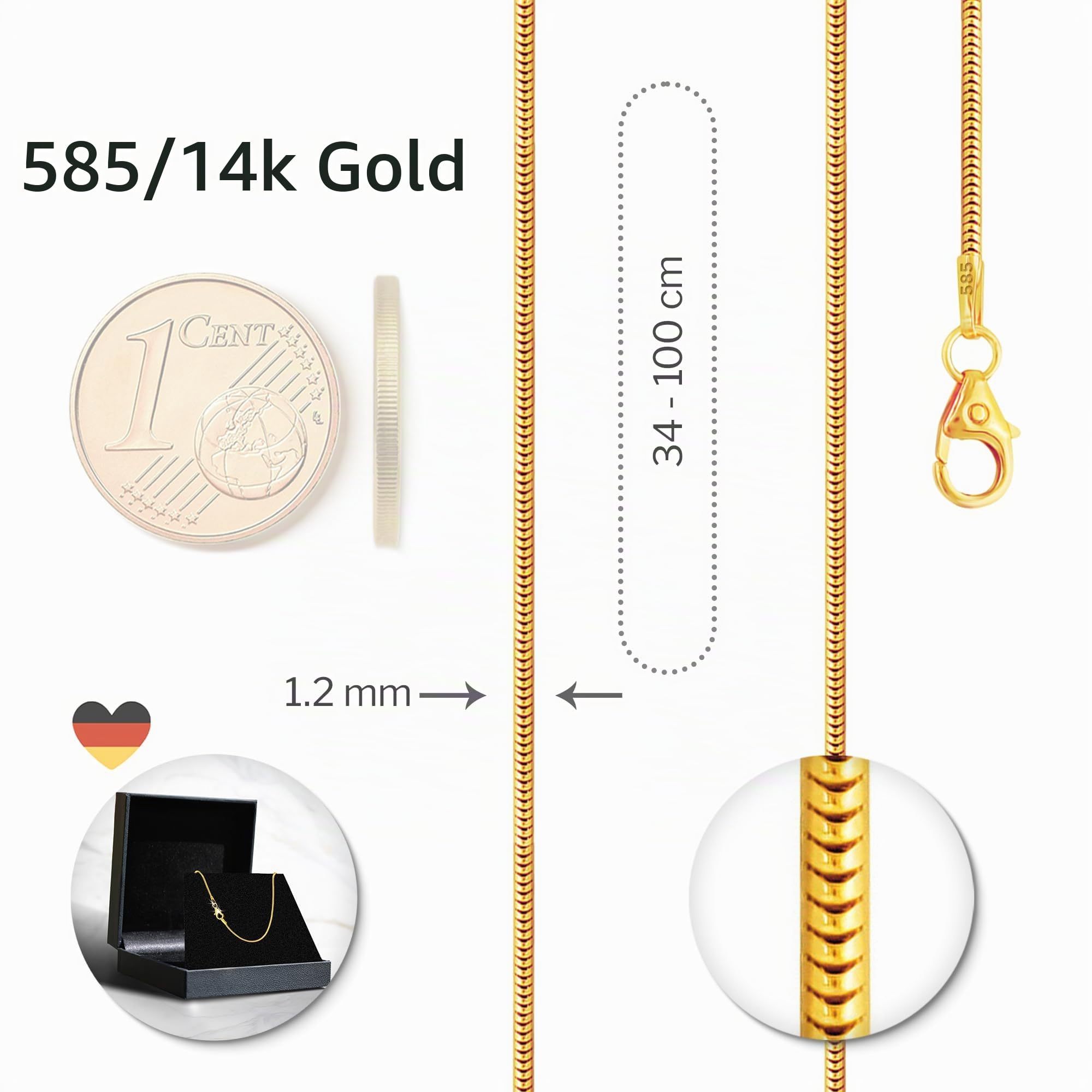 14 Karat 585 Gold Schlangenkette Damen Echtgold 1.1-3.2 mm - Länge wählbar