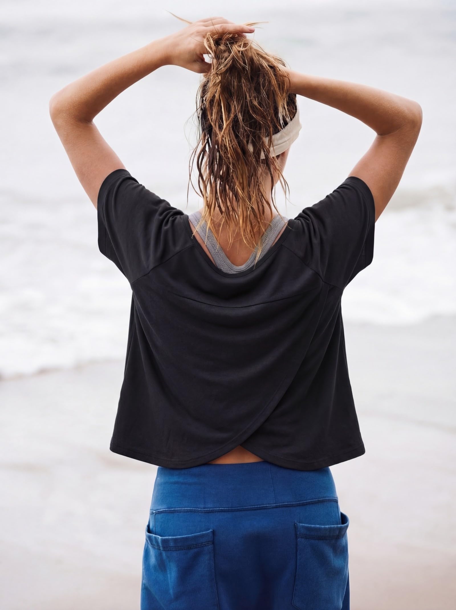 GRECERELLE Workout Tops for Women Short Sleeve Athletic Shirts Running Yoga Crop Gym Pilates Top Crossover Back Y2k — view 4
