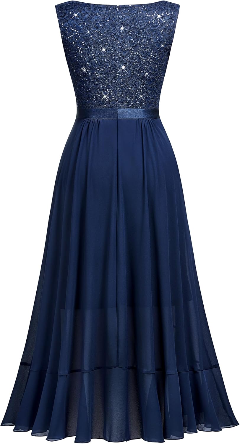 Miusol Women's Vintage V-Neck Sleeveless Sequined Floral Lace Ruffle Split Evening Party Dress - Image 5