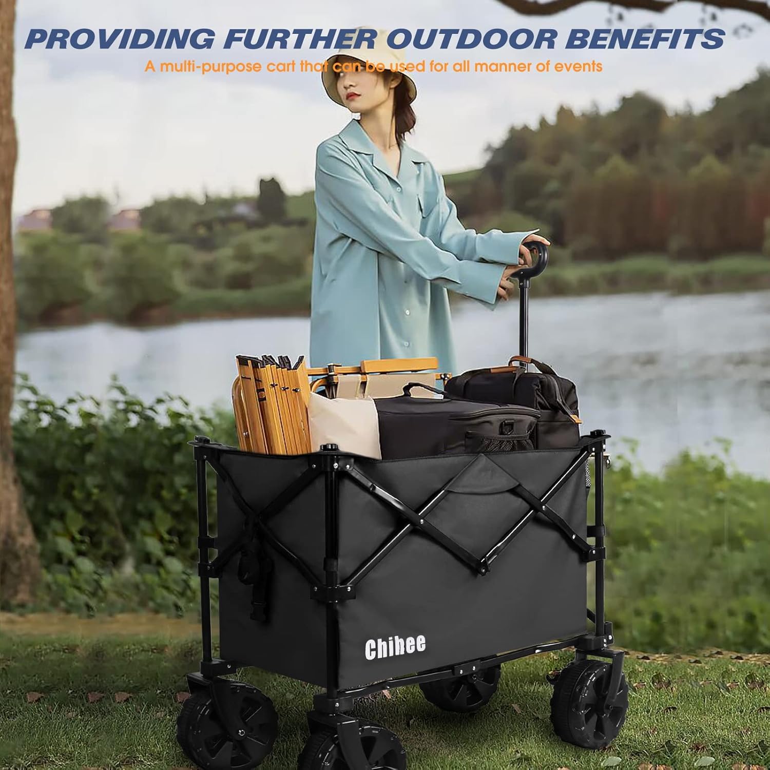 Chihee Folding Beach Wagon Cart Garden Cart Heavy-Duty with 2 Cup Holders,Camp Cart for All-Terrain Wheels with Braking System Large Capacity Removable Fabric,for Sporting Events,Camping,Beach Trips