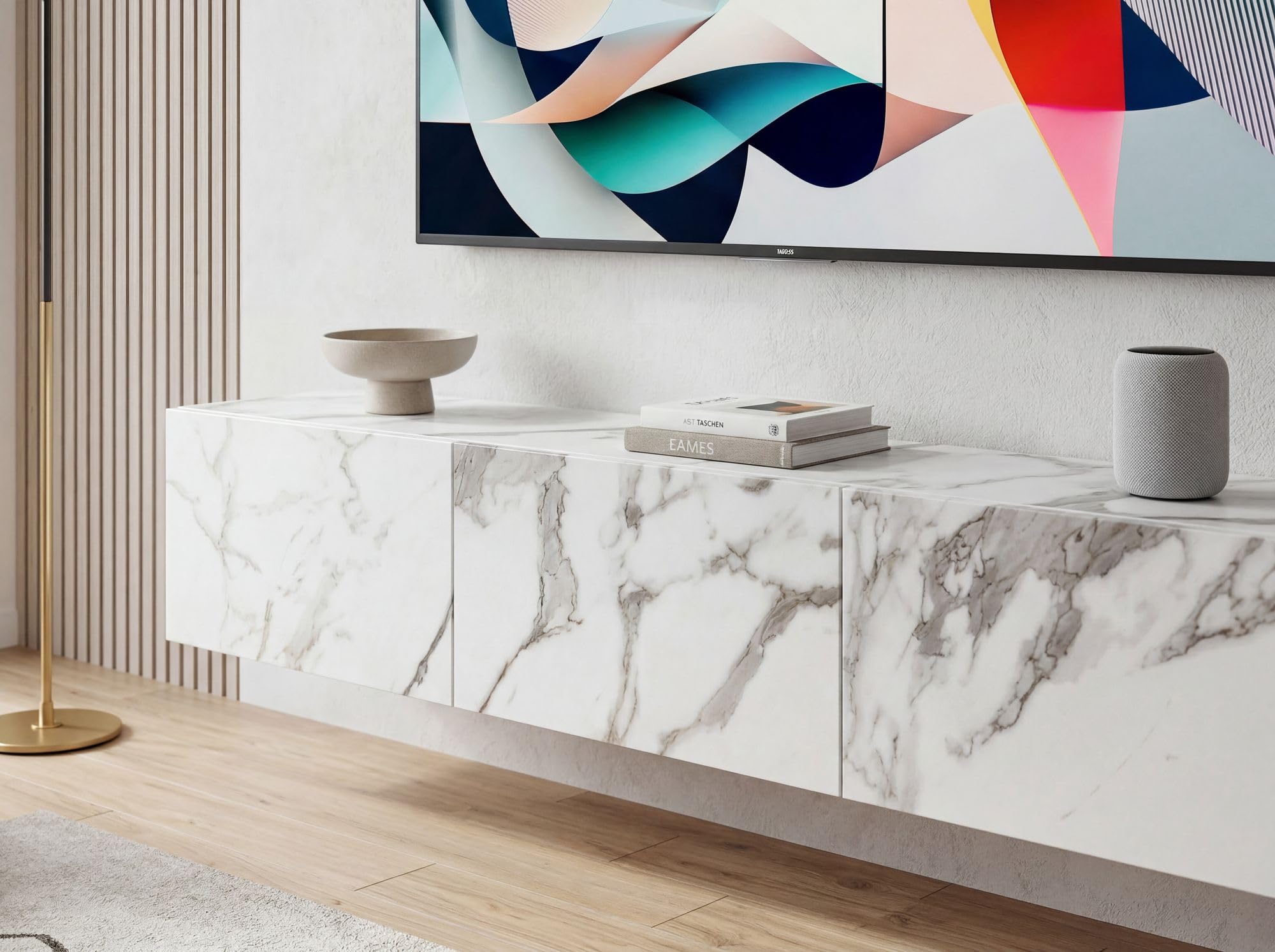 FineBuy Lowboard Hängend 160x30x30 cm Weiß Marmor-Optik mit Klapptüren