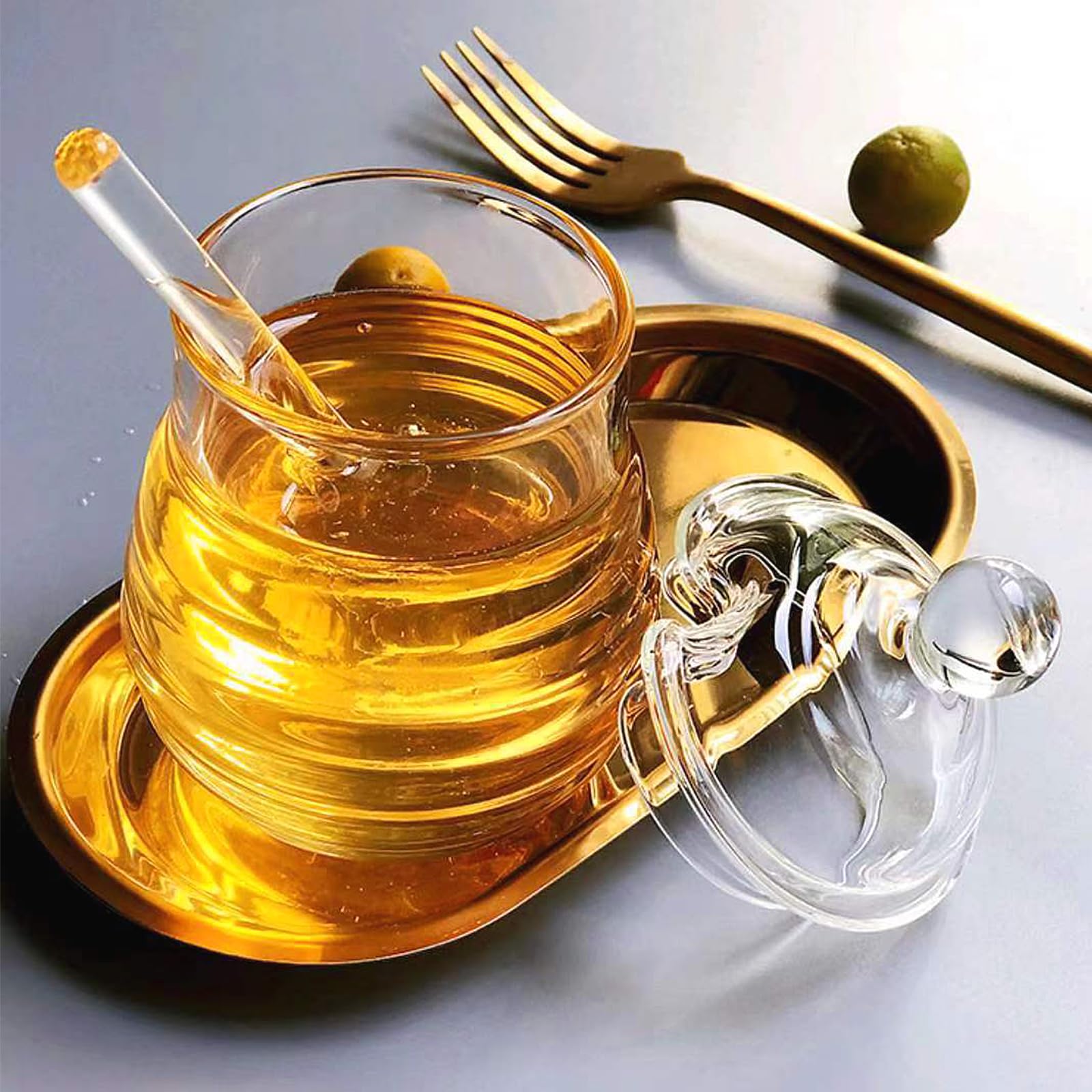 Dispensador de miel de 300 ml, tarro de miel con cuchara de miel, olla de miel sellada, tarro de miel de cristal para jarabe, colmena, almacenamiento de cocina