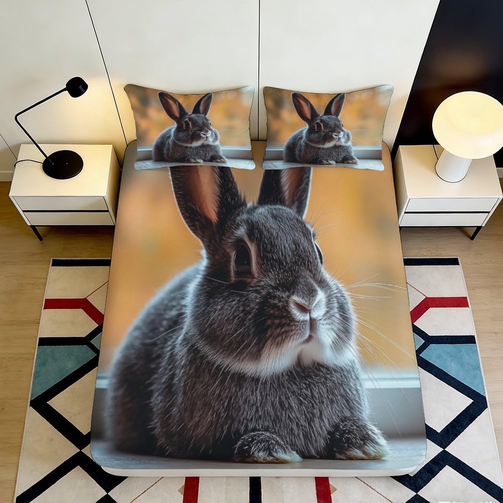3D Printed Rabbit Fitted Sheet Microfiber Non-Slip Deep Pocket Rabbit Mattress Fitted Cover Washable Bedroom Set 140x200x25cm
