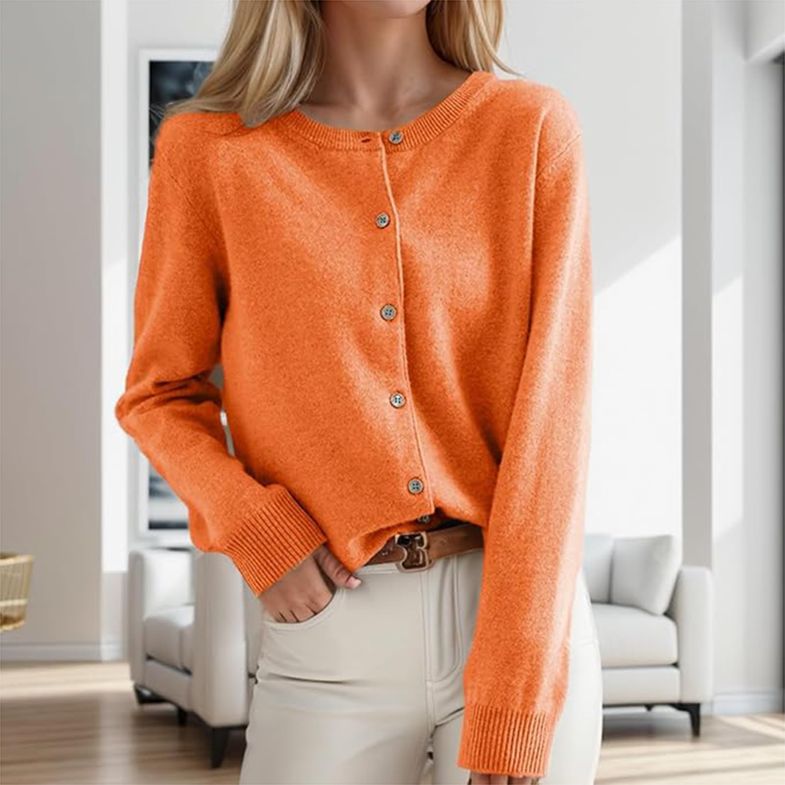 Cappotto di Maglia Classico con Bottoni, Maglione Corto in Lana con Scollo Rotondo, Cardigan Elegante e Leggero, Maglione da Donna in Maglia