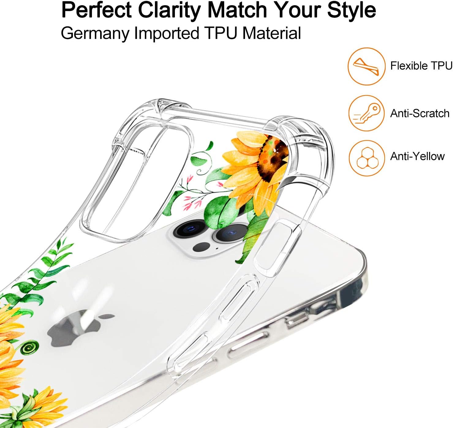 hepix iPhone 12 Pro Max Clear Case 6.7 inch 2020, Sunflower Floral Transparent Flexible Soft TPU Ultra-Thin Cover Flower Bumper Protective Anti-Scratch Camera Protection