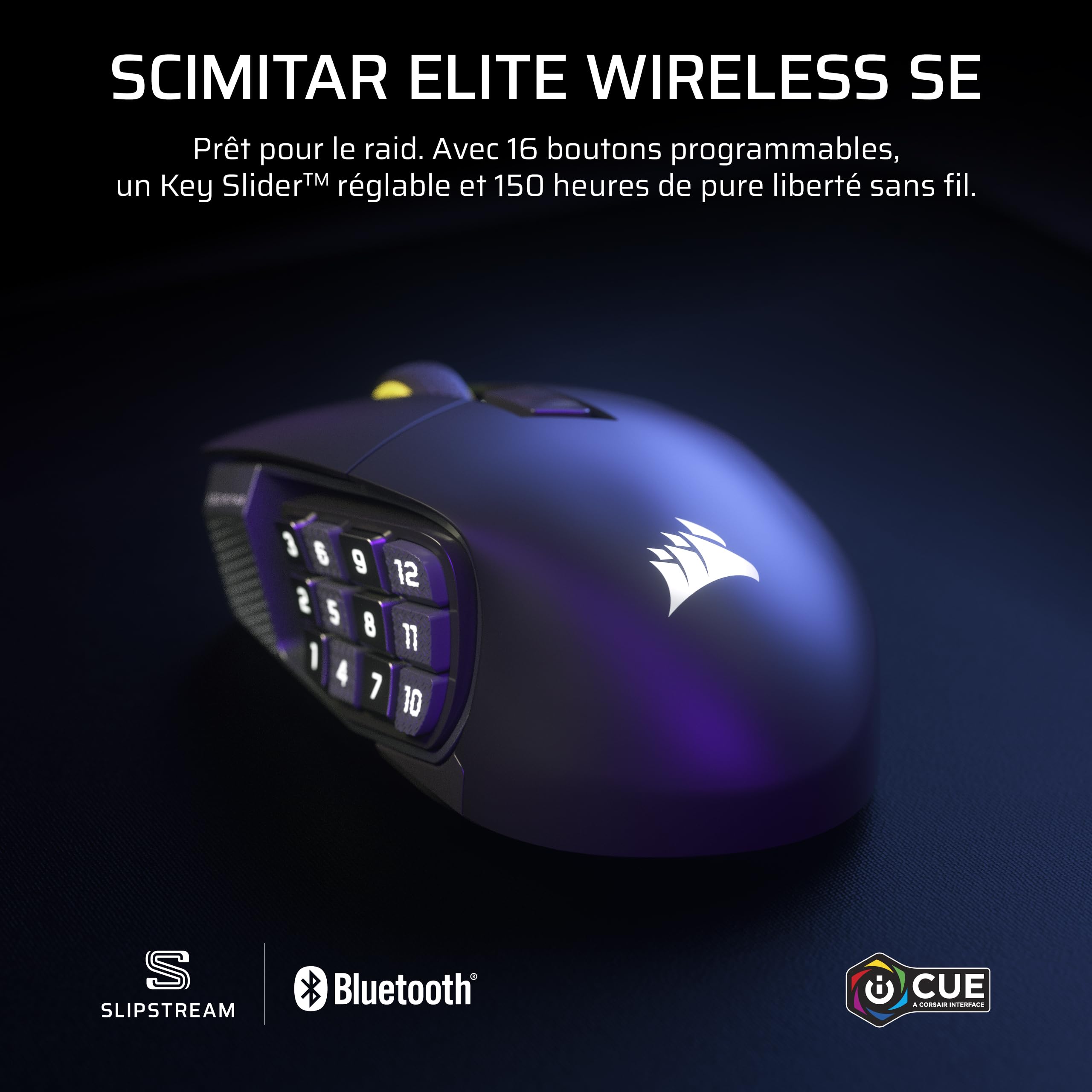 Corsair Scimitar Elite Wireless SE MMO Souris de Jeu, 33 000 DPI – Gunmetal | 16 Boutons Programmables, Adjustable Key Slider, Elgato Virtual Stream Deck, 1K Hyper-Polling, Jusqu'à 150h de Batterie