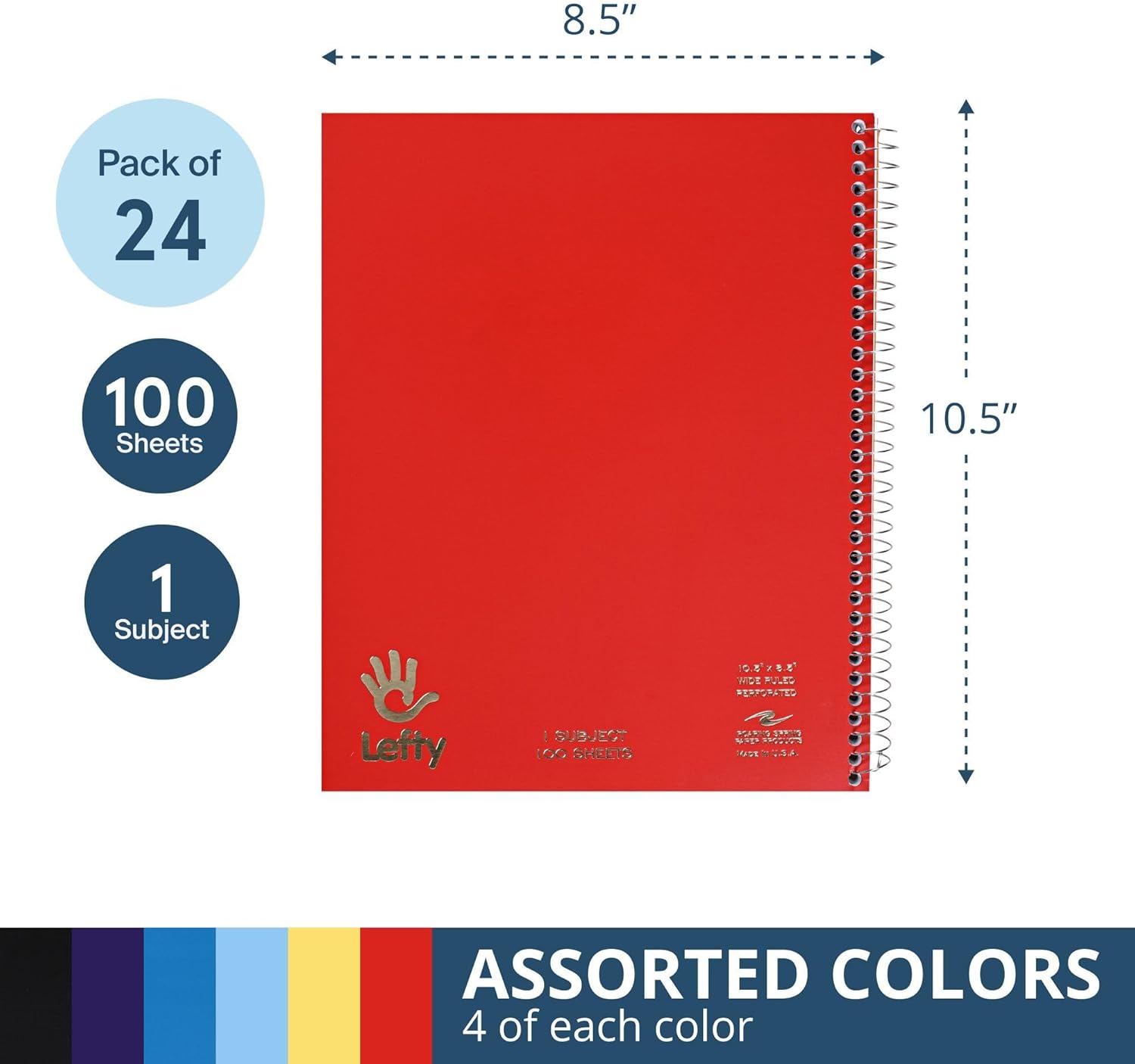 Roaring Spring Lefty Spiral Notebook for Left-Handed Writers, 24 Pack, Right-Side Wirebound, One Subject, Wide Ruled, 10.5″ x 8.5″, 100 Sheets, Perforated Pages, Made in USA, Assorted Covers