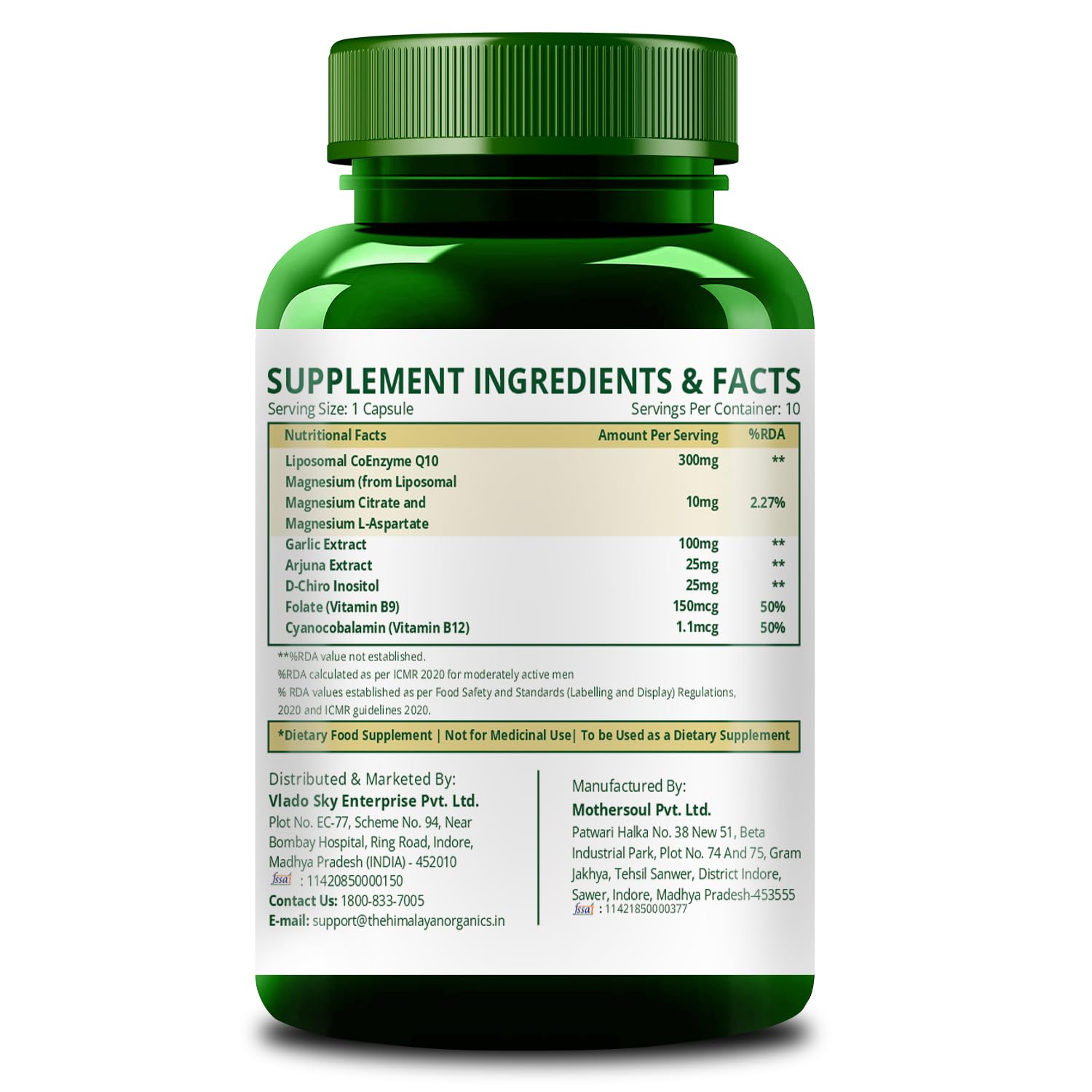 Vlado's Himalayan Organics Liposomal Coenzyme Q10 | CoQ10 Supplement 300mg+ with Magnesium, Vitamin B9 & B12, D-Chiro-Inositol, ,Garlic, Arjuna, Methyl, Folate | High Absorption I Coq10 Ubiqinol Supports Heart Health and Vascular Health - 10 Veg Capsules 1