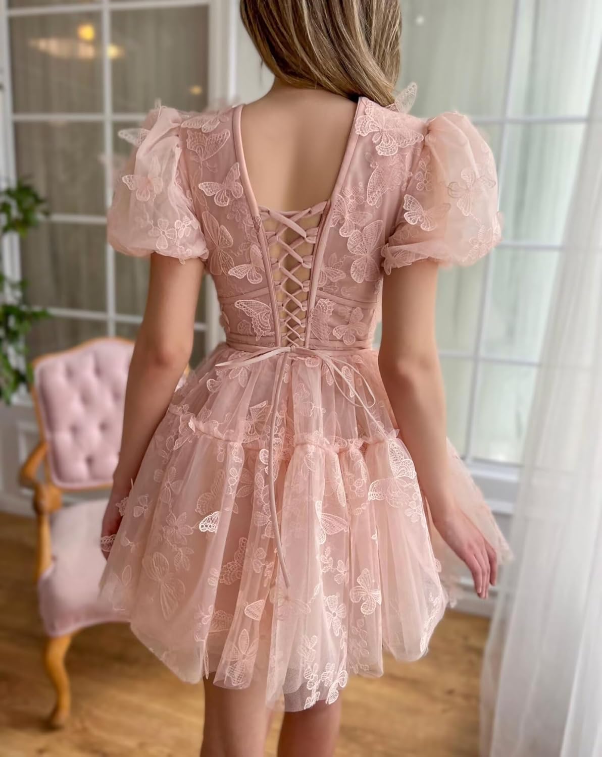 3D Butterfly Tulle Homecoming Dresses Short Lace Puffy Sleeve V Neck Princess 2024 Party Gowns for Teens