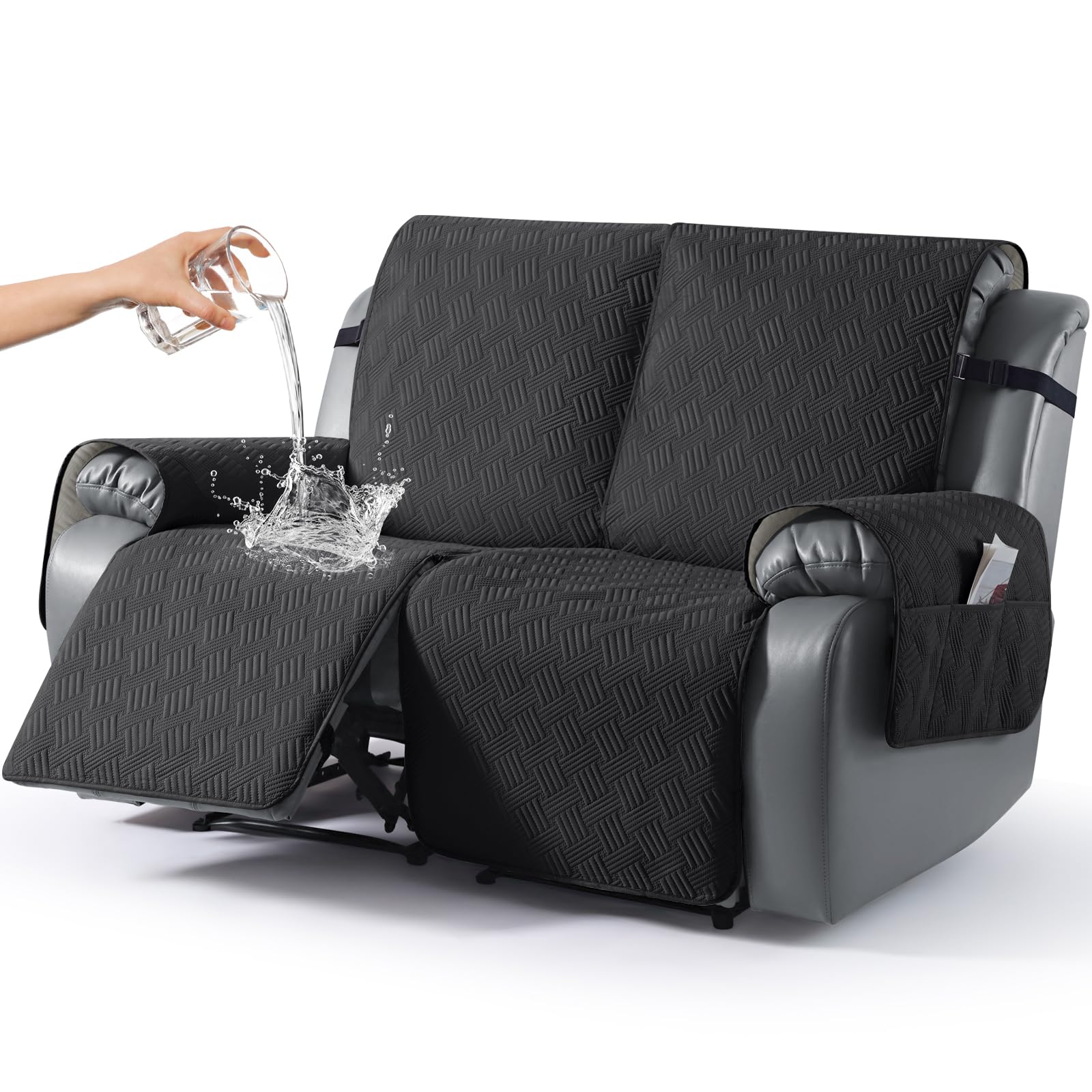 KinCam Waterproof Recliner Chair Cover, Armchair Slipcover with Elastic Straps & Side Pocket, Anti Slip Couch Cover Sofa Protector for Dogs & Pets, Washable Armchair Cover 2 Seater, Black