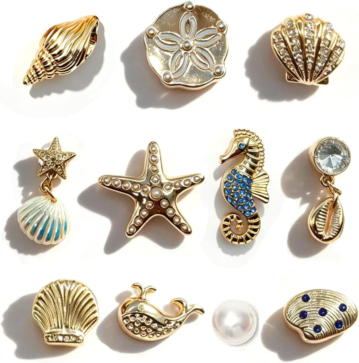 11PCS Gold Ocean Shoe Charms, Pearl Rhinestone Seashell Starfish Seahorse Whale Charms, Coastal Beach Shoe Decorations Accessories for Shoes, Wristbands and Bags, Summer Gift