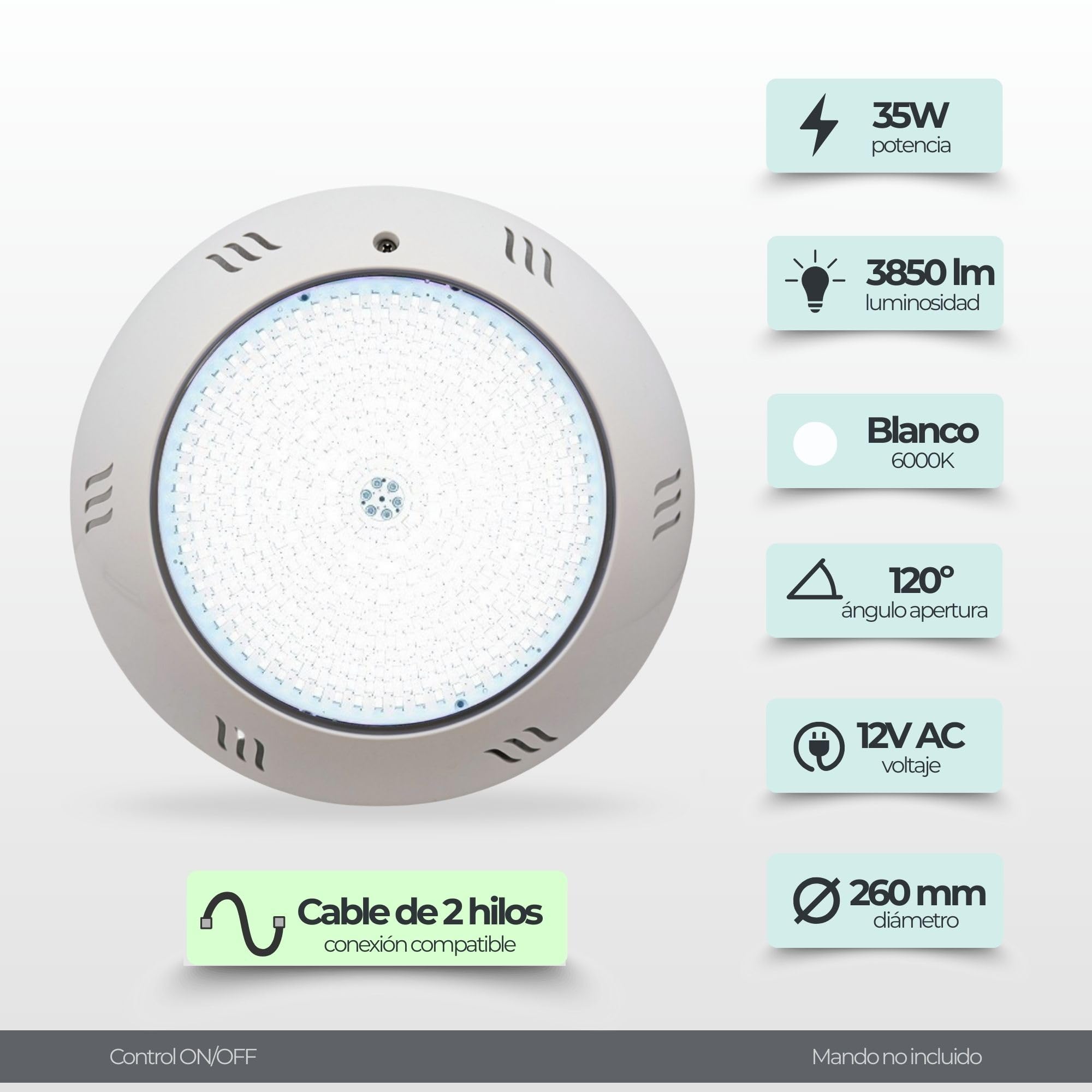 SWIMHOME Warmpool Foco LED para Piscina Superficie Relleno Resina 35W 12V AC Blanco Frío 6000K 26cm Hormigón