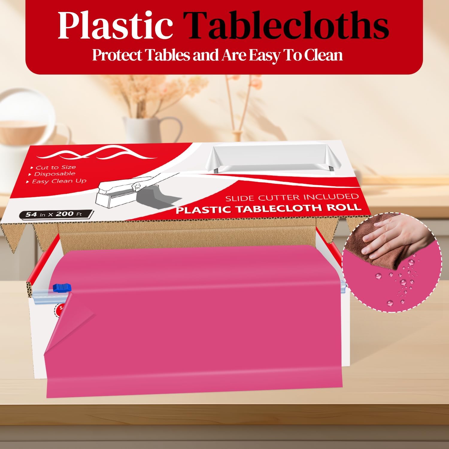 54 Inch x 200 Feet Hot Pink Plastic Tablecloth Roll Cut to Size Disposable Table Cover with Cutter Box Plastic Table Cloth for Party, Wedding, Birthday