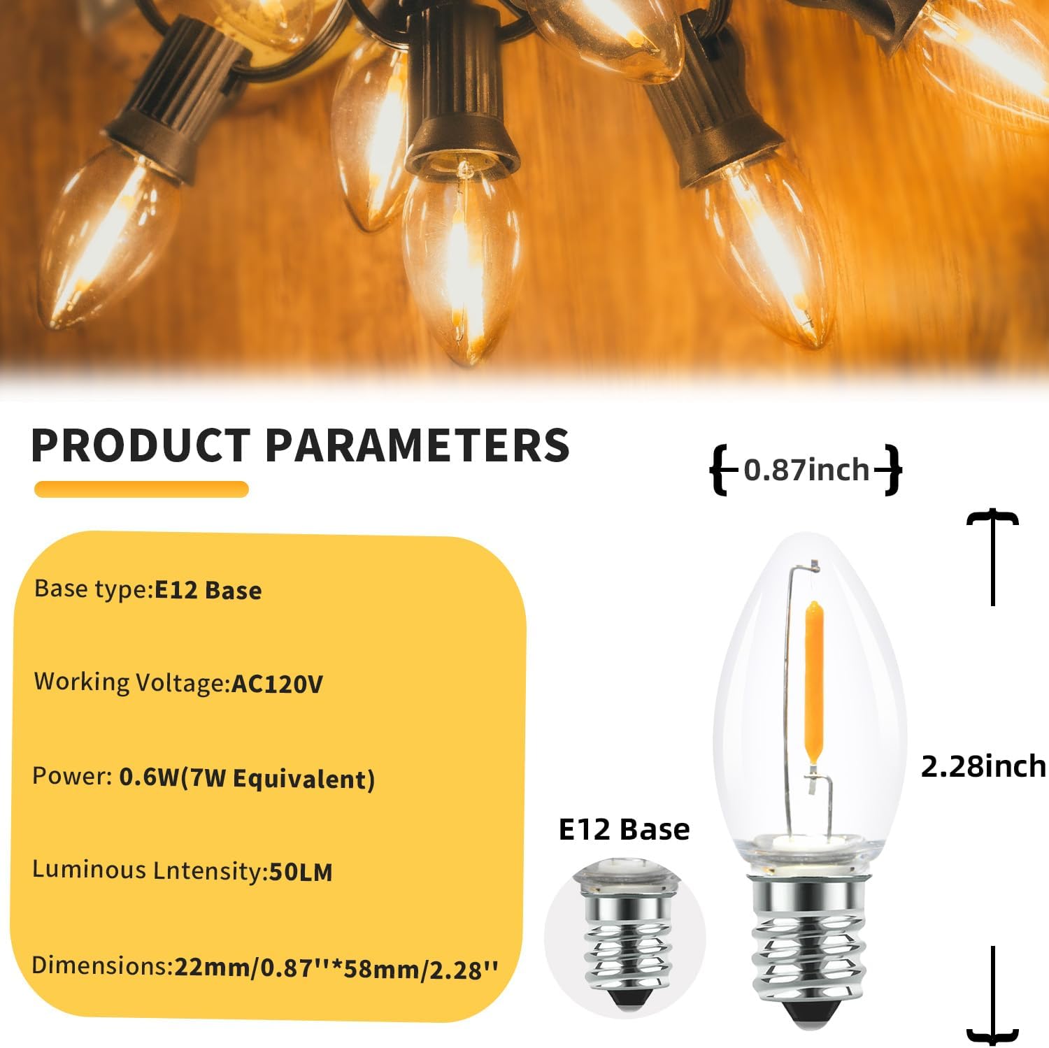 25 Pack LED C7 Light Bulbs - Clear Glass LED E12 Nightlight Bulbs, 0.6W Equivalent to 7W, for Candles Chandeliers Replacement Bulbs & Christmas Tree Light Bulbs, E12 Base, Warm White