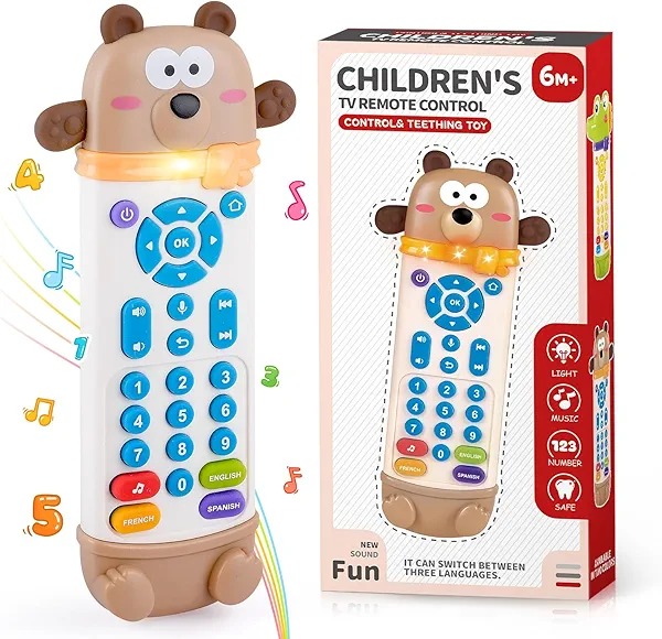 Baby Remote Control Toy with Silicone Teether, Remote Teether for Baby with Realistic Lights and Sounds - 3 Languages (English, Spanish & French), Baby Musical Toys Gifts for Boys Girls 6 Month+