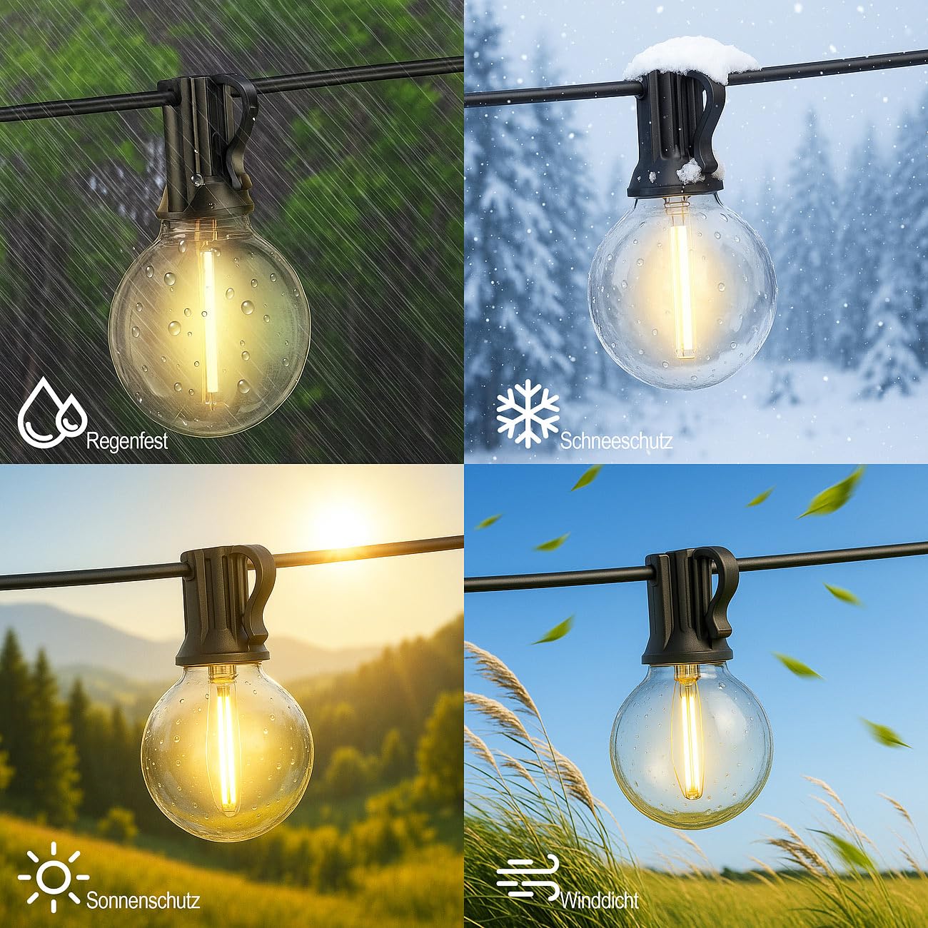 Lunartec Lichterkette außen Strom: 2er-Set Lichterkette mit G40-Glühbirnen, 43 LEDs, 2 Ersatzlampen, 30 m (G40-Lampen, Balkon)
