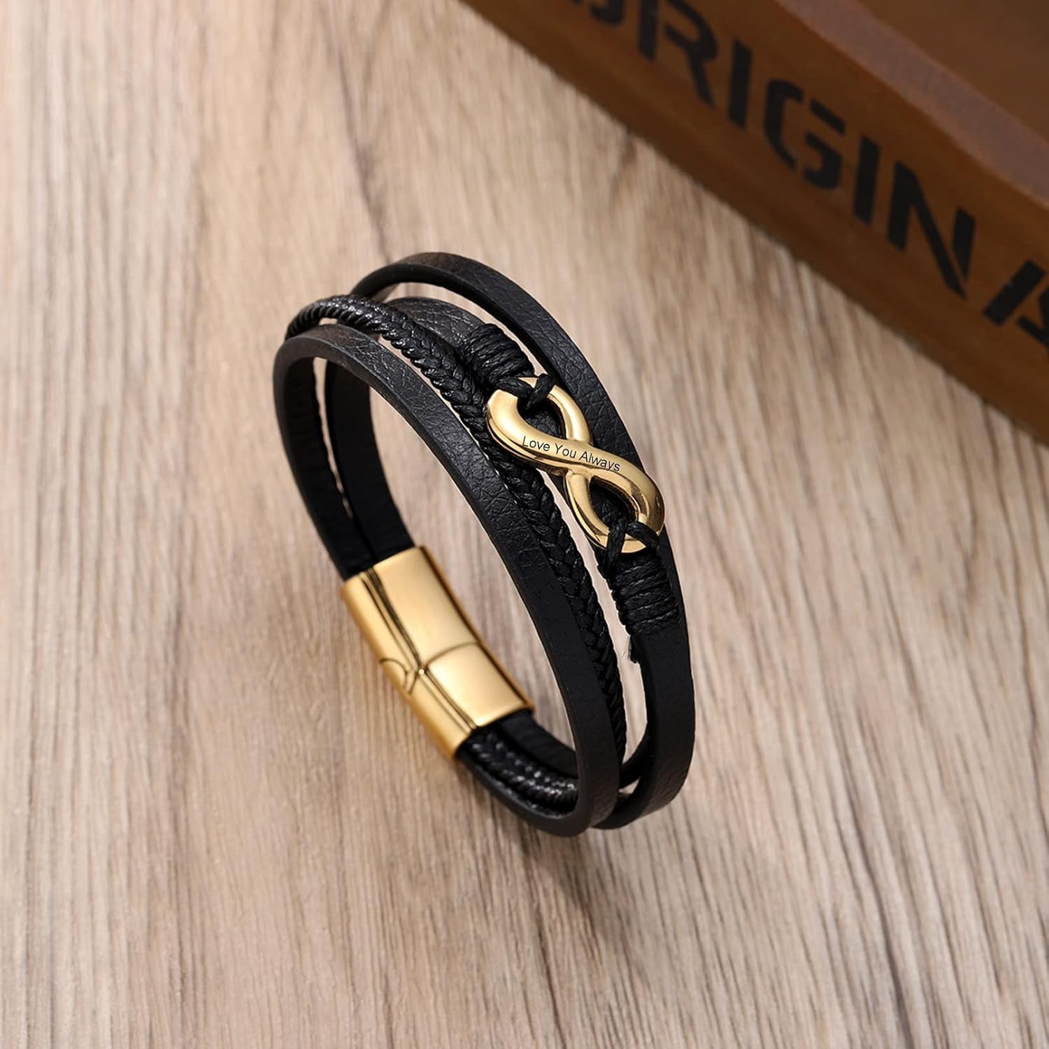 MissNaNa Personalized Leather Bracelet for Men Father Day Leather Bracelets Stainless Steel Bracelet Black Cuff Custom bracelets for Dad Boyfriend Husband