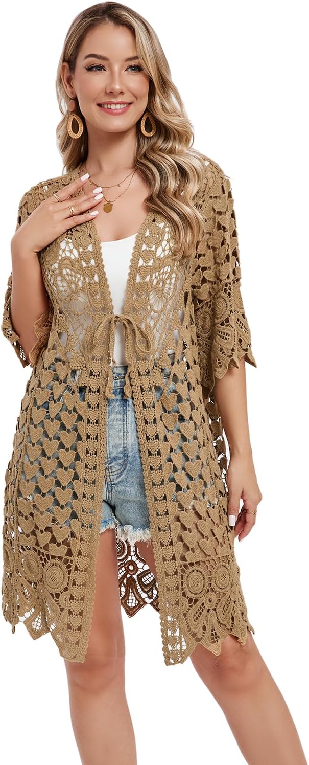 Women's Hollow Out Lace Kimono Short Sleeve Crochet Cardigan Cover up - Image 5