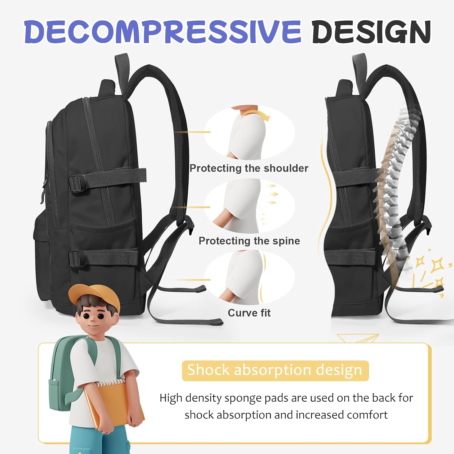Lightweight Backpack for Women Men, Travel Casual Daypack Laptop Rucksack, Waterproof College High Secondary Bookbag Daily Bag, Black