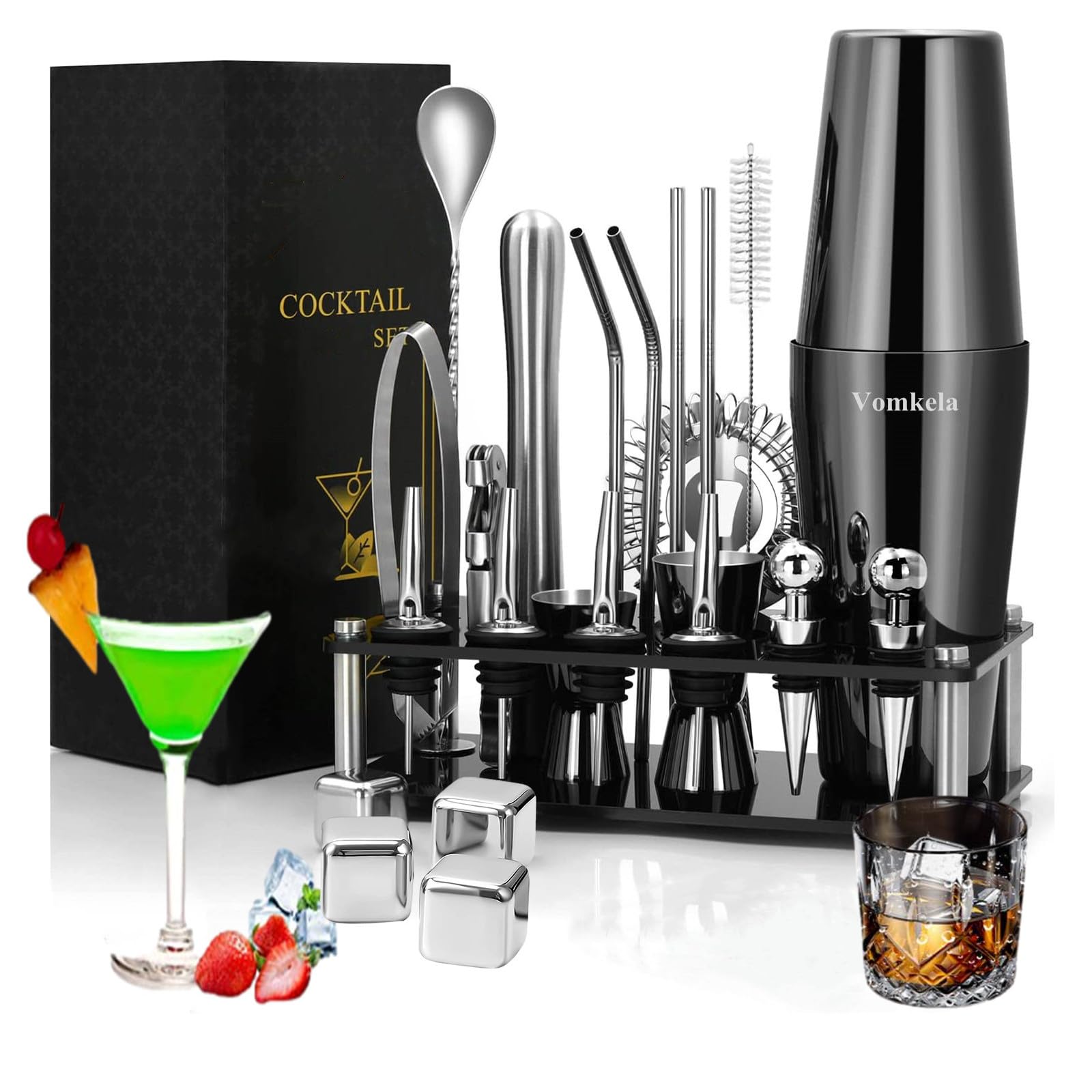 Juego de coctelera Boston, coctelera con soporte, 25 accesorios de bar, accesorios para barman, cócteles, accesorios de 750 ml, acero inoxidable, decoración de bar, vertedor de bebidas alcohólicas