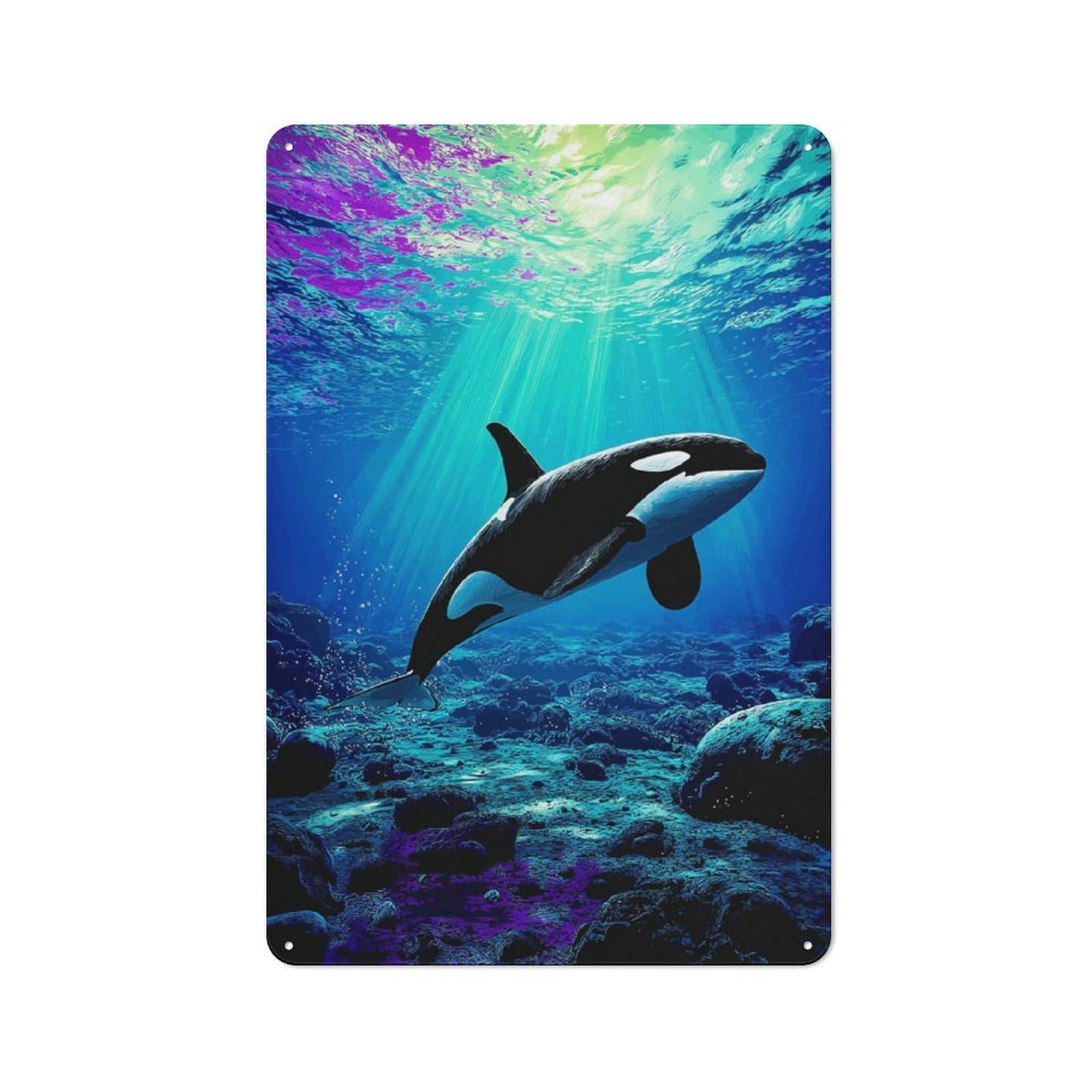 Junmoney Whale Swimming In Colorful Ocean Tin Wall Plaque With Design 30X20cm, Country Vintage Cottage Wall Art For Kitchen, Cottage, Porch Or Garden Room