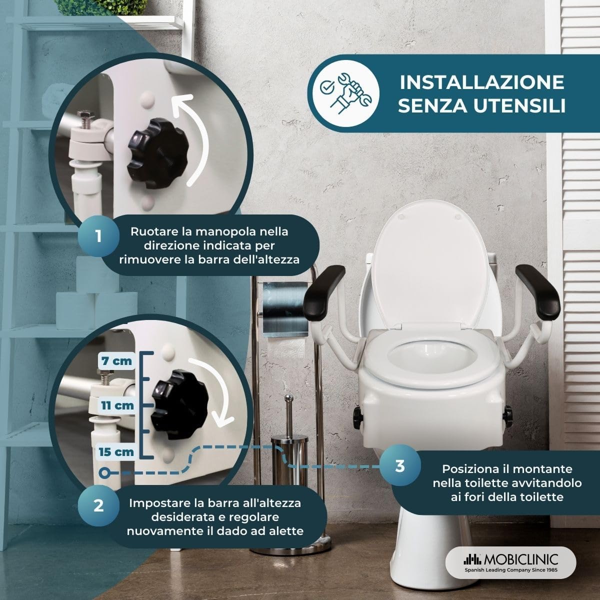 Image showing tool-free installation steps for the toilet riser.
