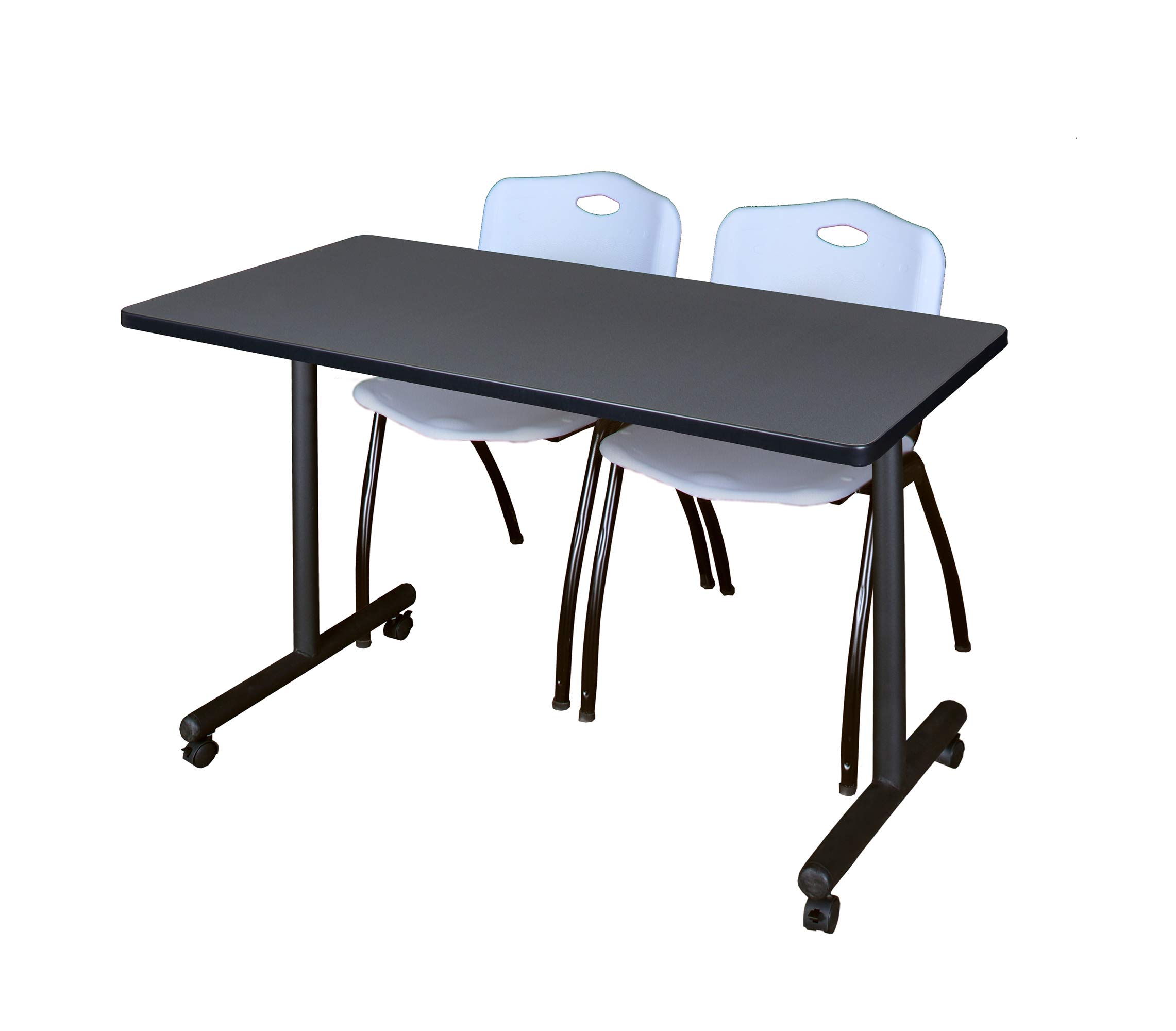 Romig Axis-Pro 48 x 24 in. Mobile T-Base Training Table- Grey, 2 M Stack Chairs- Grey