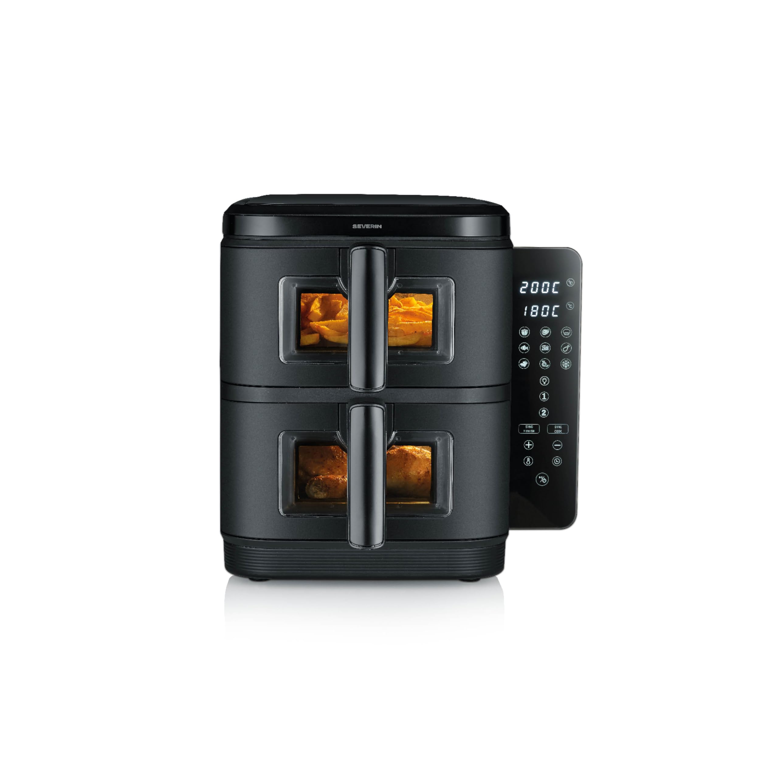 SEVERIN Friggitrice ad Aria Calda Duo Stack, 2800 W, Capacità 11 L (2x 5,5 L), Salvaspazio Verticale, 9 Programmi Automatici, Sync Cook e Finish, S-Fry, Nero - FR 9598