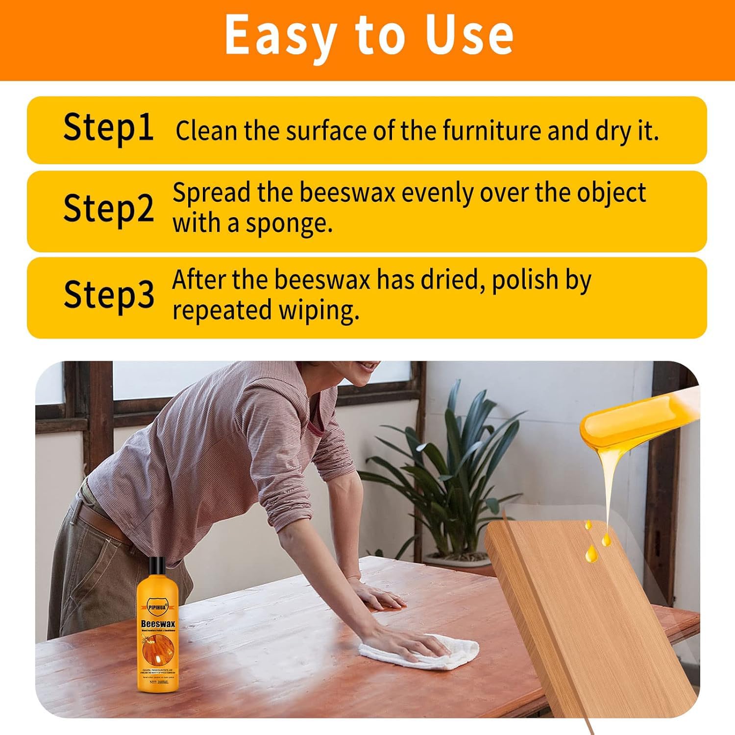 PIPIHUA Beeswax Furniture Polish Wood, naturalny bezbarwny wosk do pielęgnacji i ochrony drewna, najwyższej jakości wosk do mebli, do polerowania i pielęgnacji drewnianych mebli, 260ml