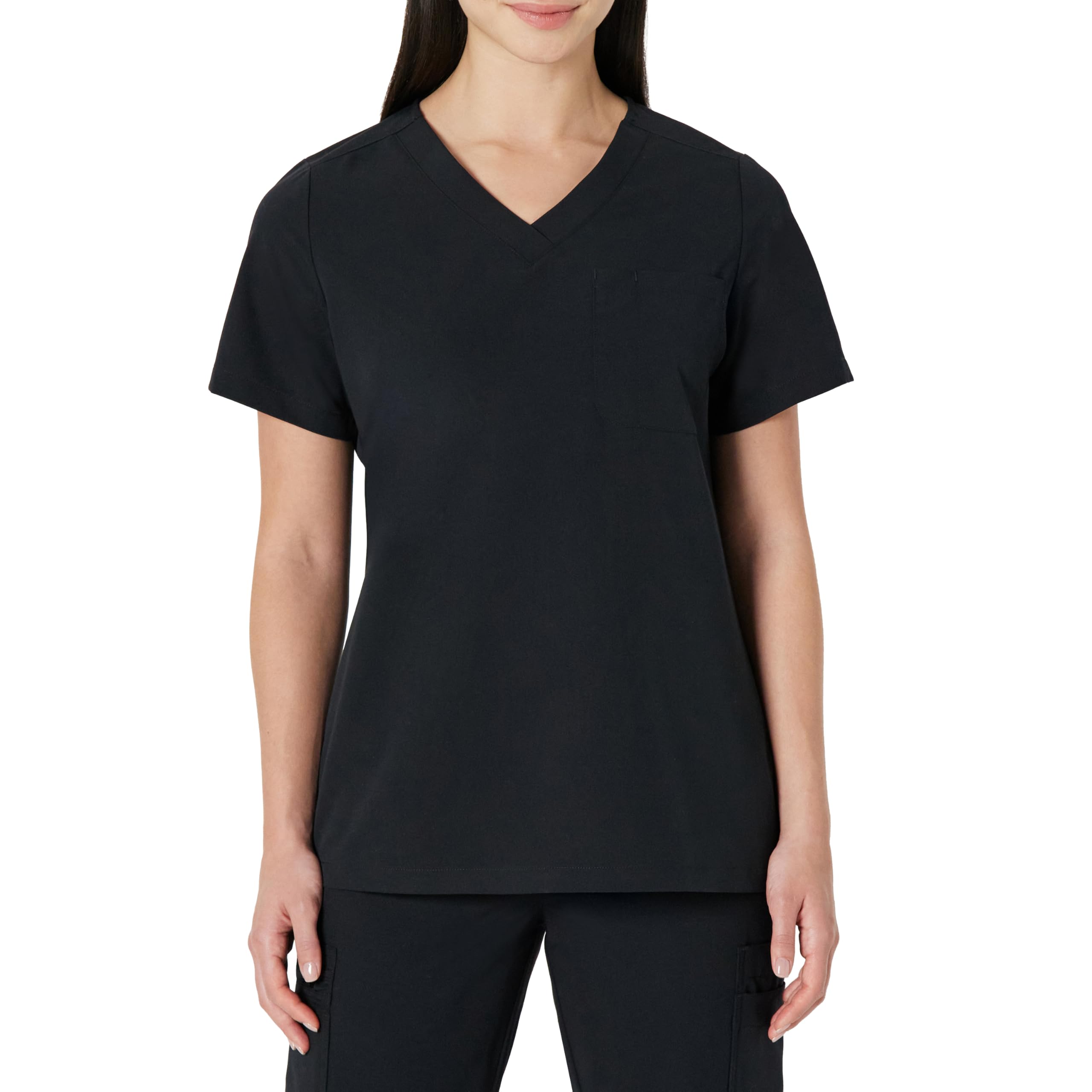 Amazon Basics Women's Scrubs V-Neck Top with Pockets, Black, XXS