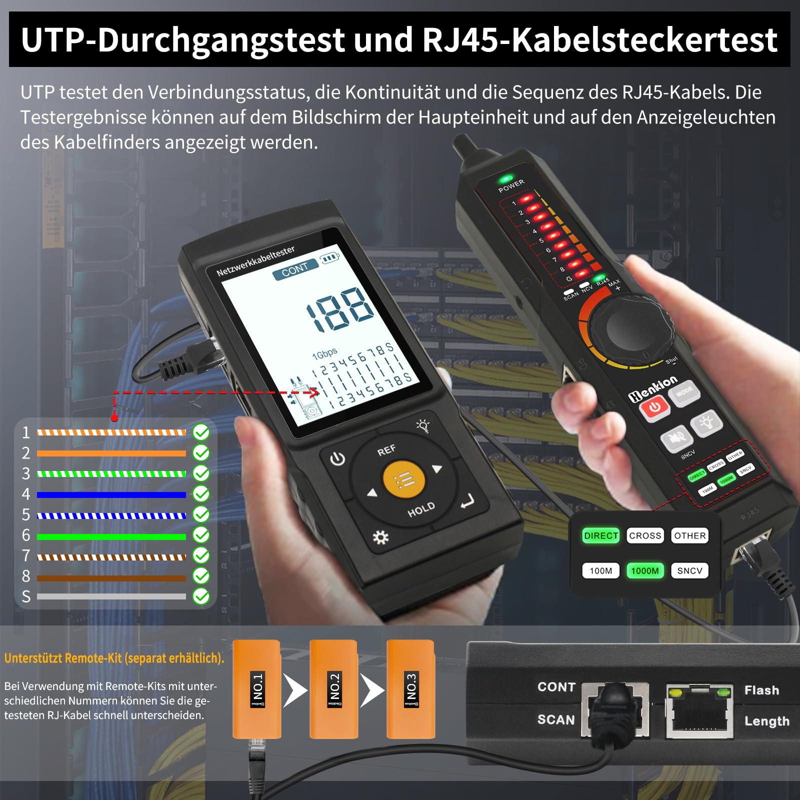 Henkion Multifunktions-RJ45-Netzwerkkabeltester,Kabelverfolger,Aufladbar,UTP-Kontinuitäts-und Steckerfehlertest,Länge,OPM,POE 802.3af/at/bt und nicht standardmäßige POE-Erkennung,Port-Blinken,NCV