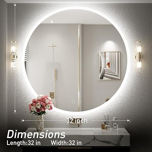 Miniatura 5 de Espejo de baño LED redondo de 32 pulgadas, retroiluminación de luz diurna de 6000 K, antivaho y regulable, espejo impermeable sin marco con control