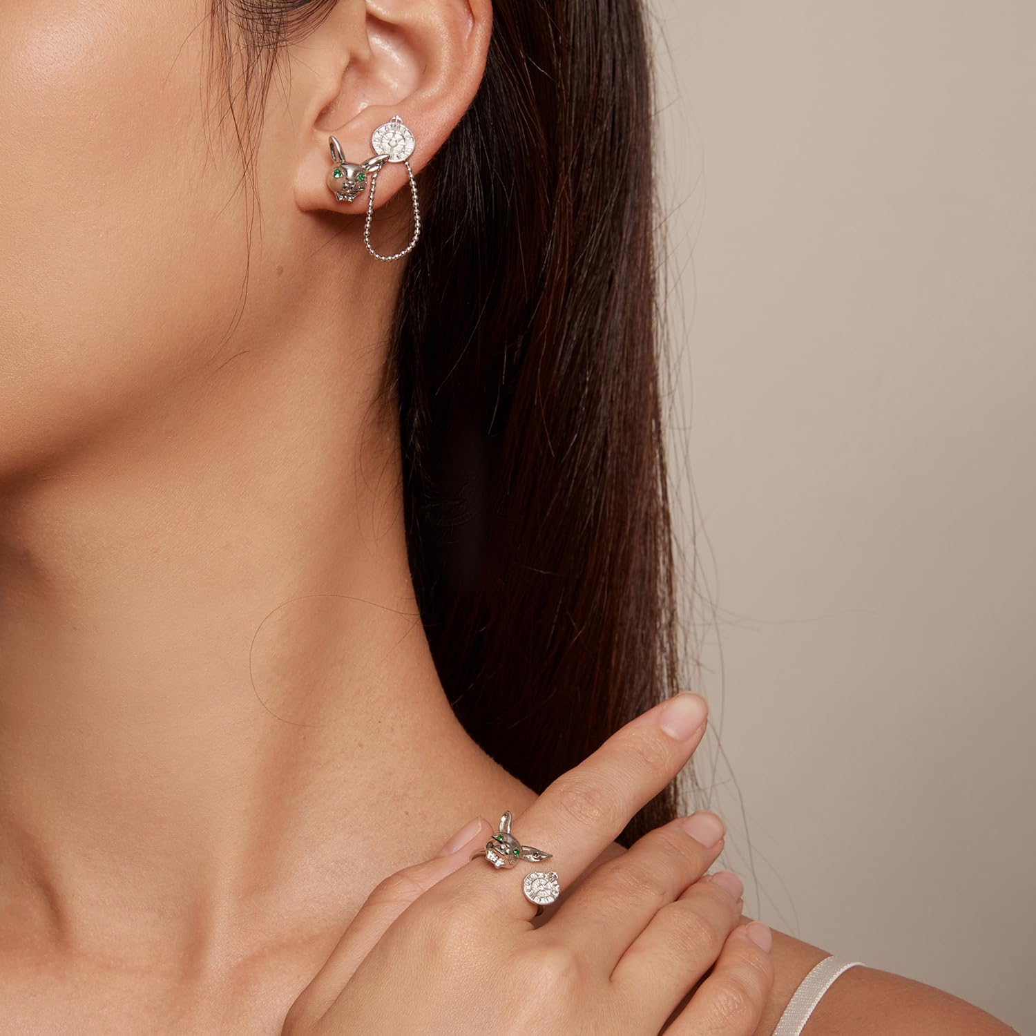 WBDWWTD Orecchini a Catena per Donna Orecchini a Cerchio con Catena Pendente Doppio Piercing Orologio e Orecchini a Polsino con Orecchio a Forma di Coniglio