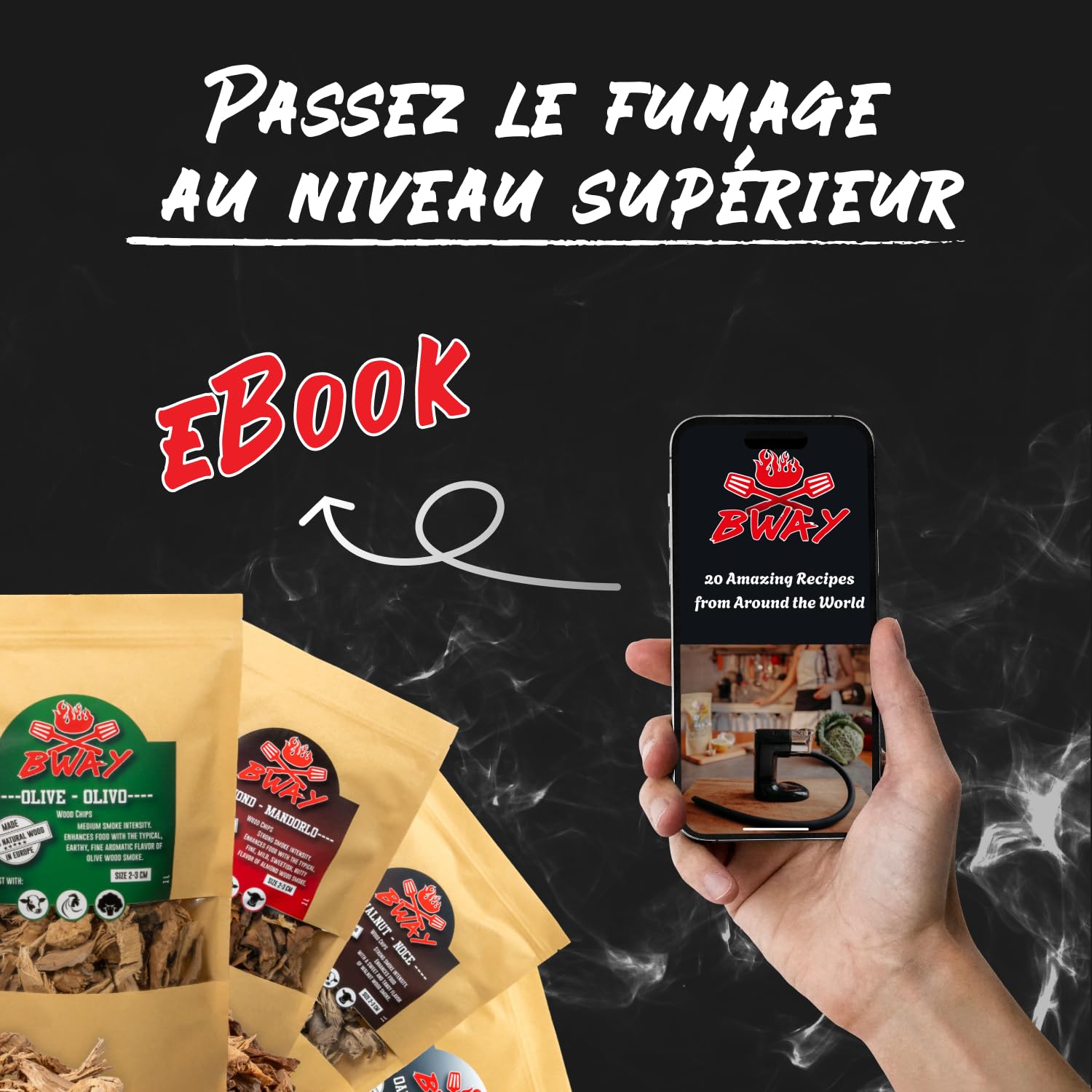BWAY Copeaux de Fumage – Barbecues à Bois de Porc, Poisson, Fruits et Légumes – Bois de Fumage aux Arômes d’Olivier, Orange, Amandier, Citron, Noyer et Chêne (6×1 L)