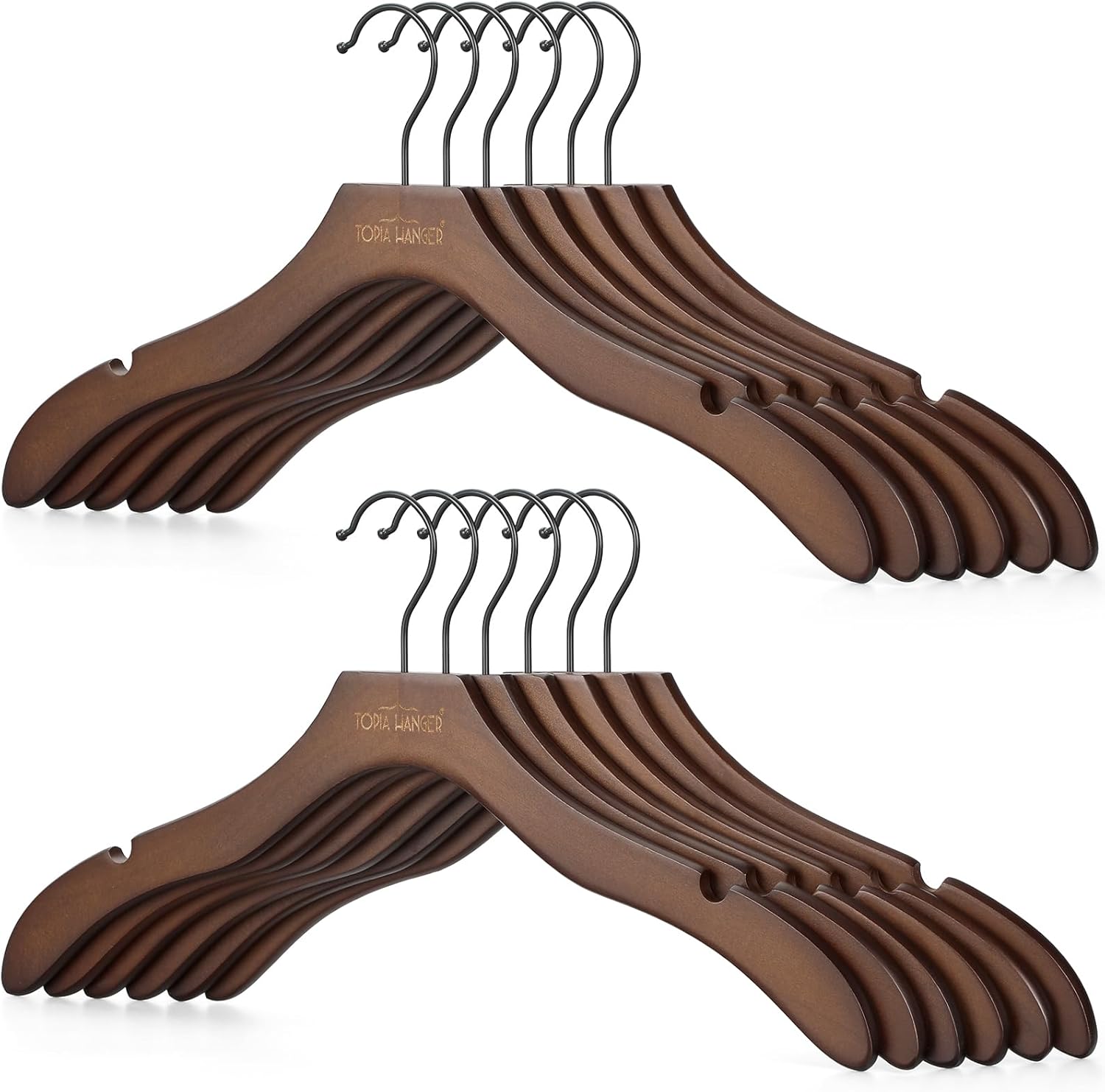 TOPIA HANGER Wooden Coat Hangers 12 Pack, Premium Wood Suit Sweater No Shoulder Bump Hangers, 360° Swivel Hook and Cut Notches Clothes Hangers for Sweater, Hoodie, Shirts, Jacket, Dress, Walnut CT84WA