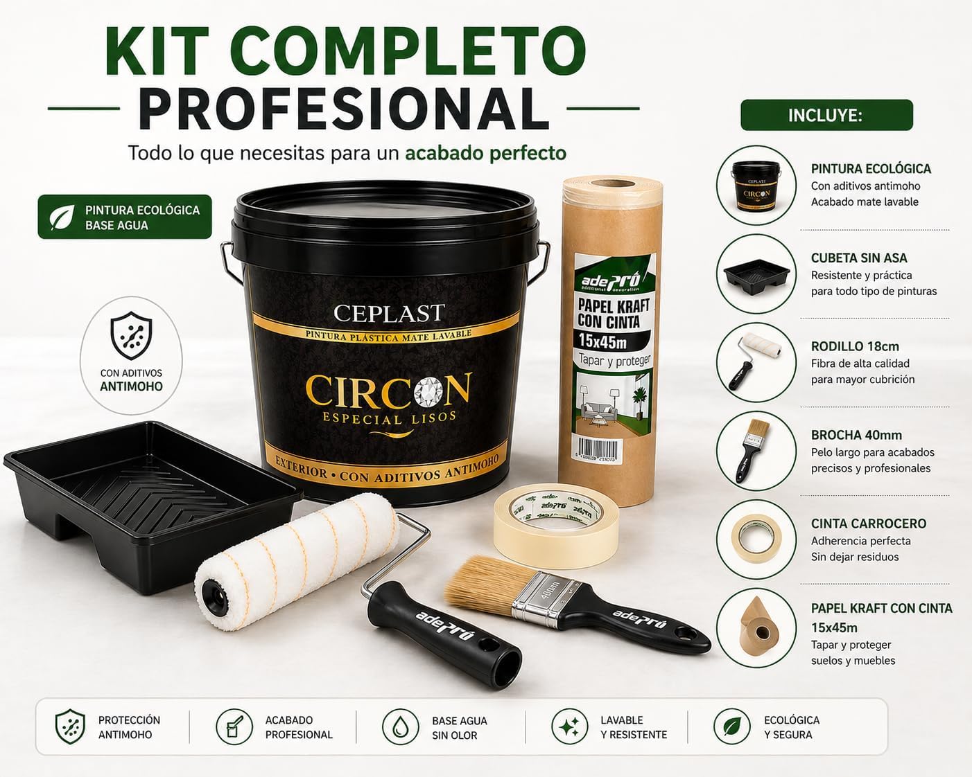 Kit Pintura Antimoho y Antihumedad Interior/Exterior Acabado Seda – Alta Cobertura, Sin Olor, Base Agua – Incluye Rodillo, Cubeta, Paletina 40mm, Cinta y Papel Kraft – Pintura Blanca Profesional