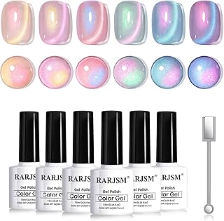 RARJSM Aurora Pearl Cat Eye Gel Nail Polish Set 6pcs Ceramic Silver Shimmer Universal Pink Green Blue Purple Orange Glitter Mermaid Swirl Shell Thread Effect with Magnet Stick Curing Requires