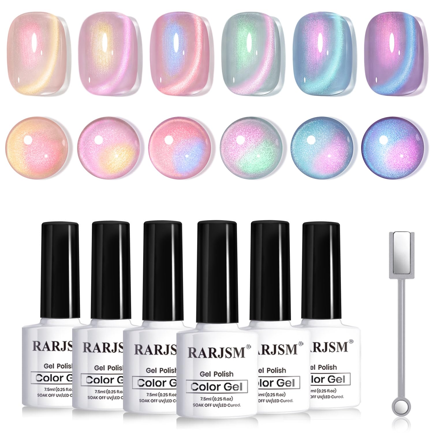 RARJSM Aurora Pearl Cat Eye Gel Nail Polish Set 6pcs Ceramic Silver Shimmer Universal Pink Green Blue Purple Orange Glitter Mermaid Swirl Shell Thread