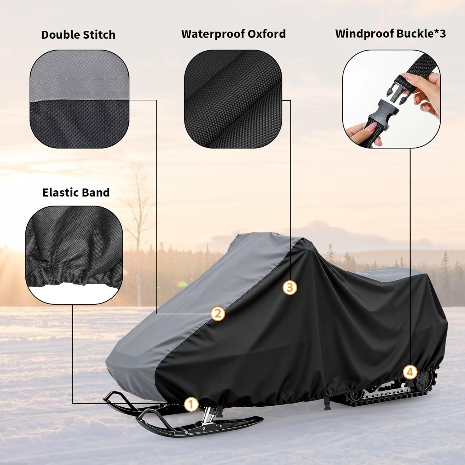 XYZCTEM Snowmobile Cover Waterproof Outdoors, Premium 300D Oxford Seld Ski Cover, Compatible with BRP, Polaris, Arctic Cat, Yamaha and Kawasaki, with Thicker Windproof Buckles, Black and Grey, 145"